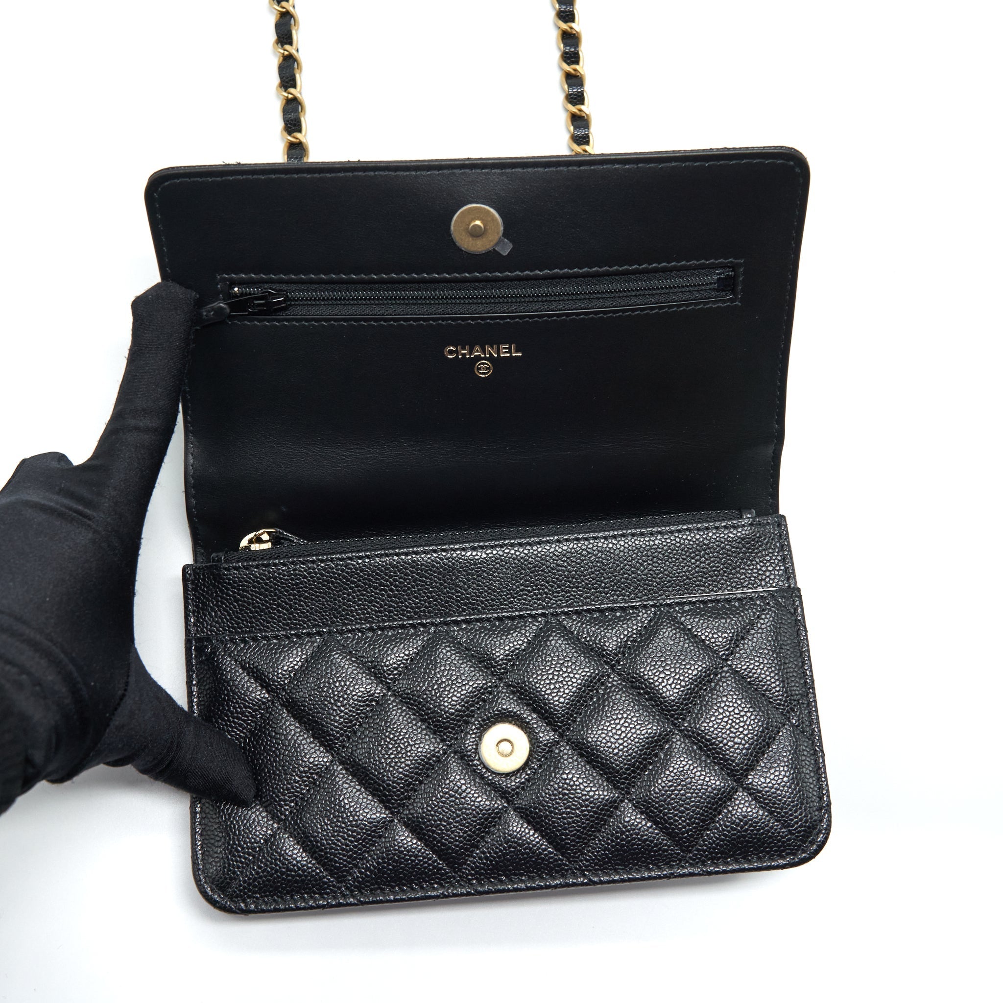 CHANEL 22S LOGO TOP HANDLE WALLET ON CHAIN CAVIAR BLACK GHW (MICROCHIP)
