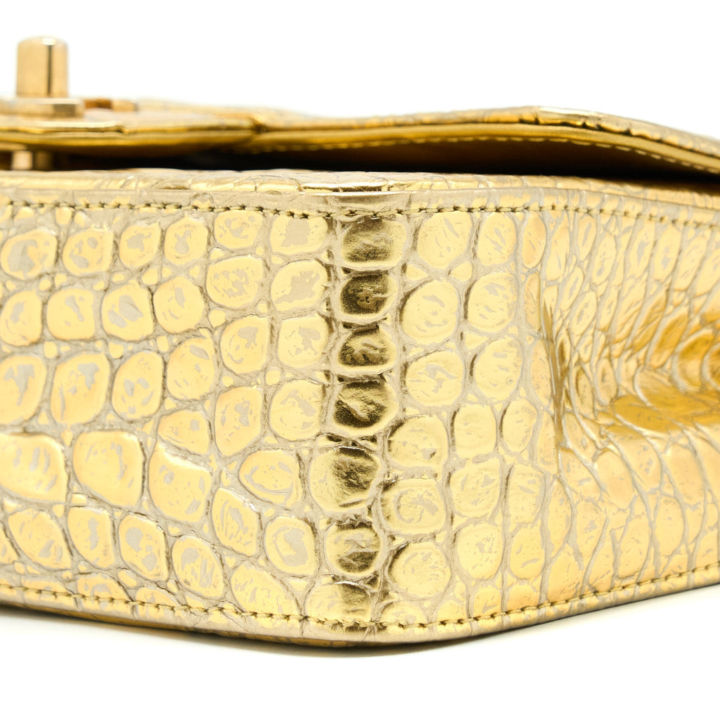 CHANEL MINI RECTANGULAR FLAP BAG CROC EMBOSSED CALFSKIN GOLD GHW