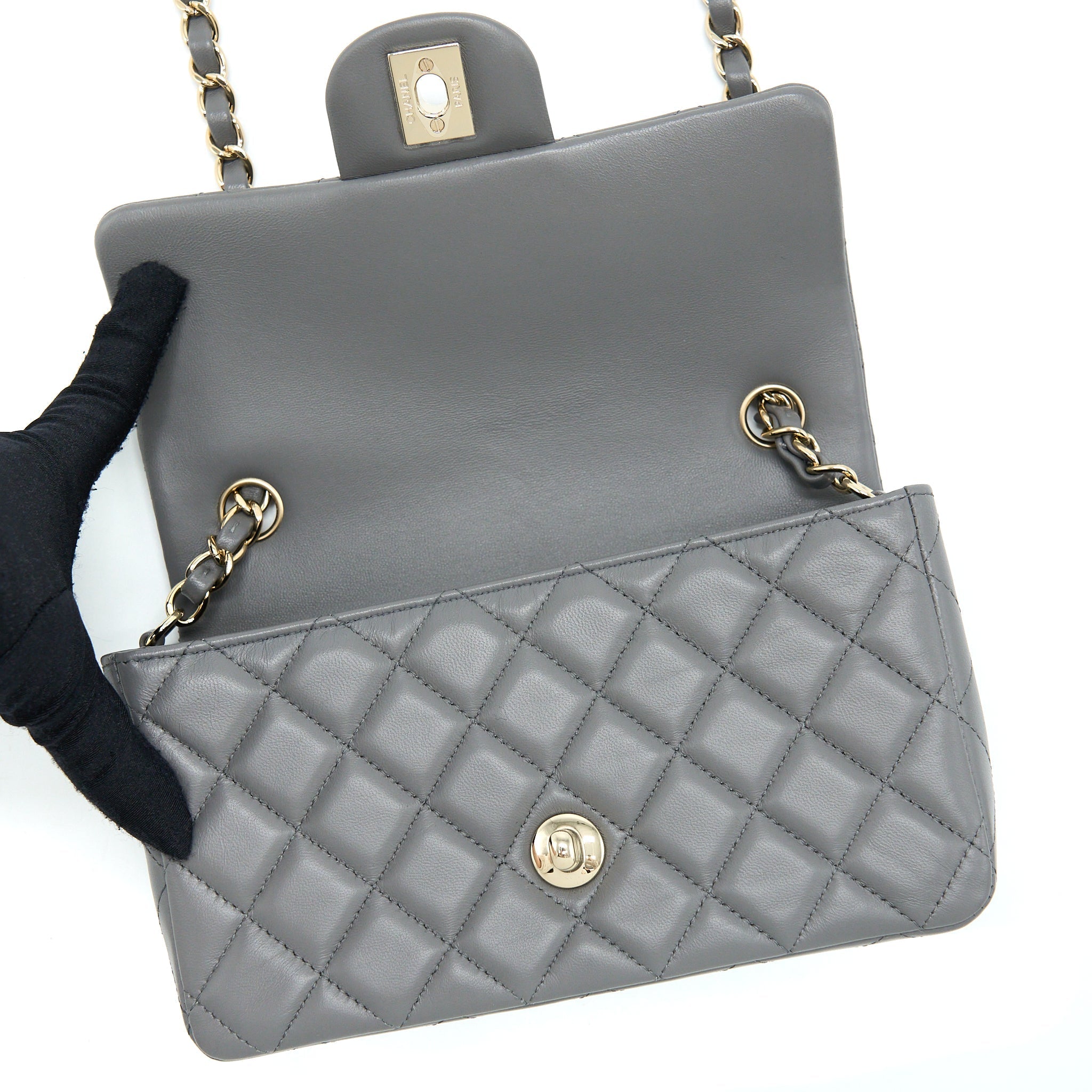 CHANEL 22A MINI RECTANGULAR FLAP BAG LAMBSKIN GREY LGHW (MICROCHIP)