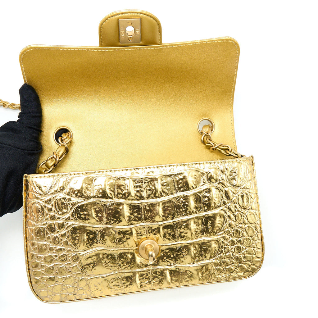 CHANEL MINI RECTANGULAR FLAP BAG CROC EMBOSSED CALFSKIN GOLD GHW