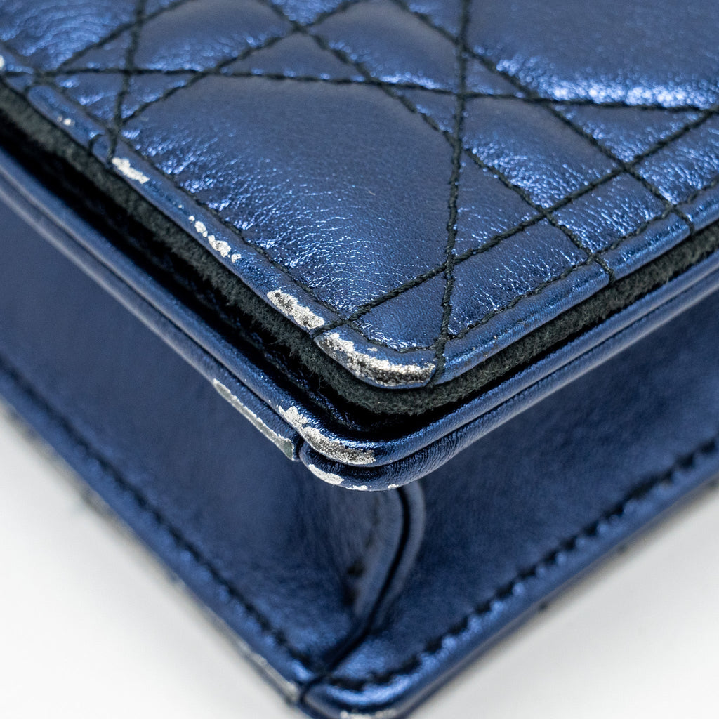 DIOR LADY DIOR POUCH CANNAGE WALLET ON CHAIN LAMBSKIN BLUE LGHW