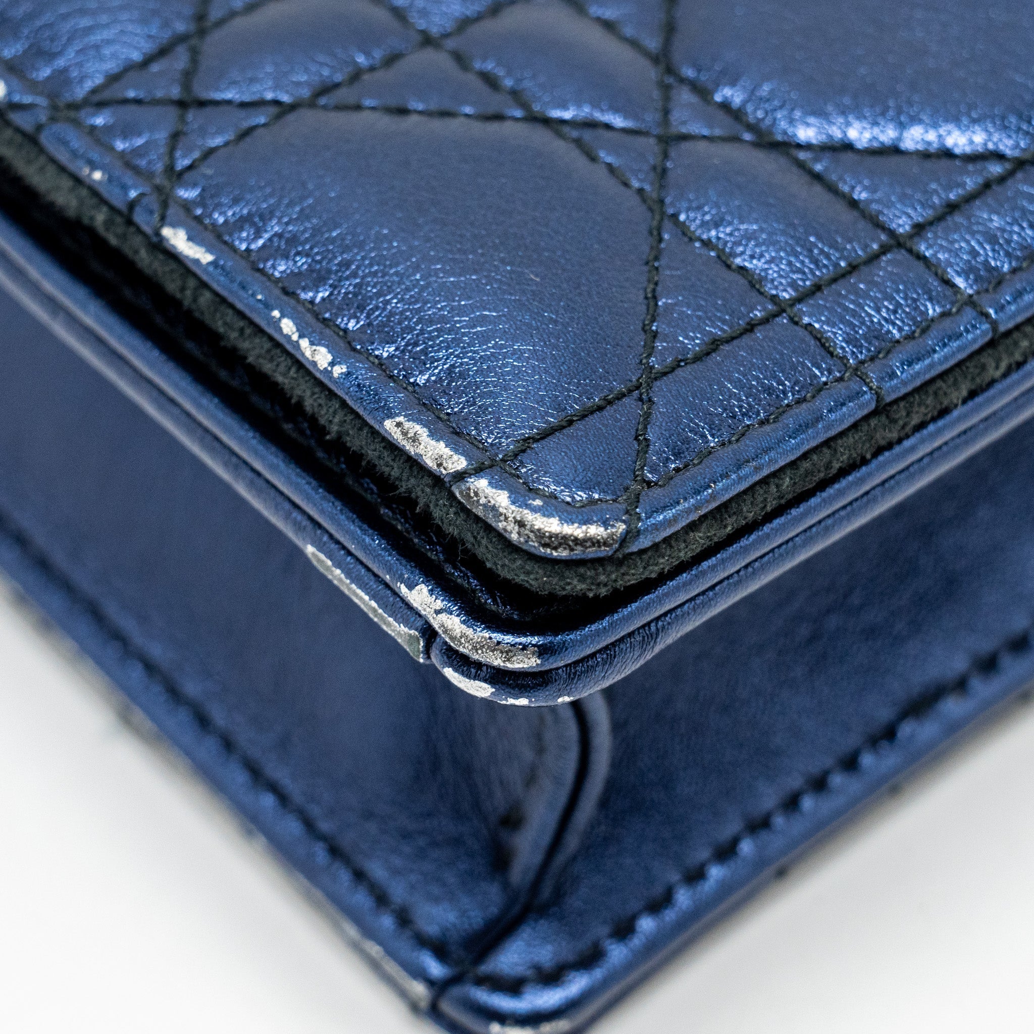 DIOR LADY DIOR POUCH CANNAGE WALLET ON CHAIN LAMBSKIN BLUE LGHW