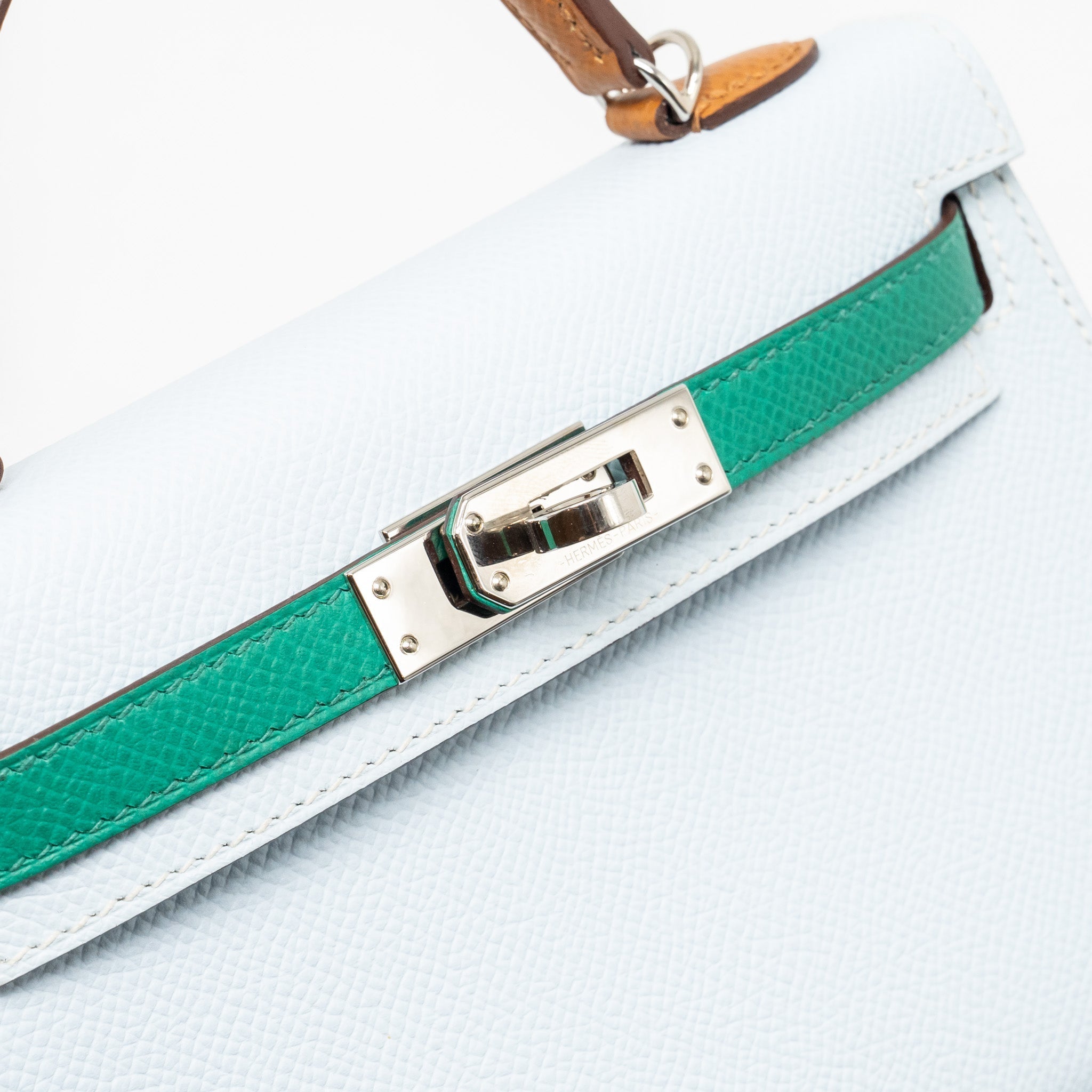 HERMES MINI KELLY EPSOM BLEU BRUME/VERT JADE/GOLD SHW