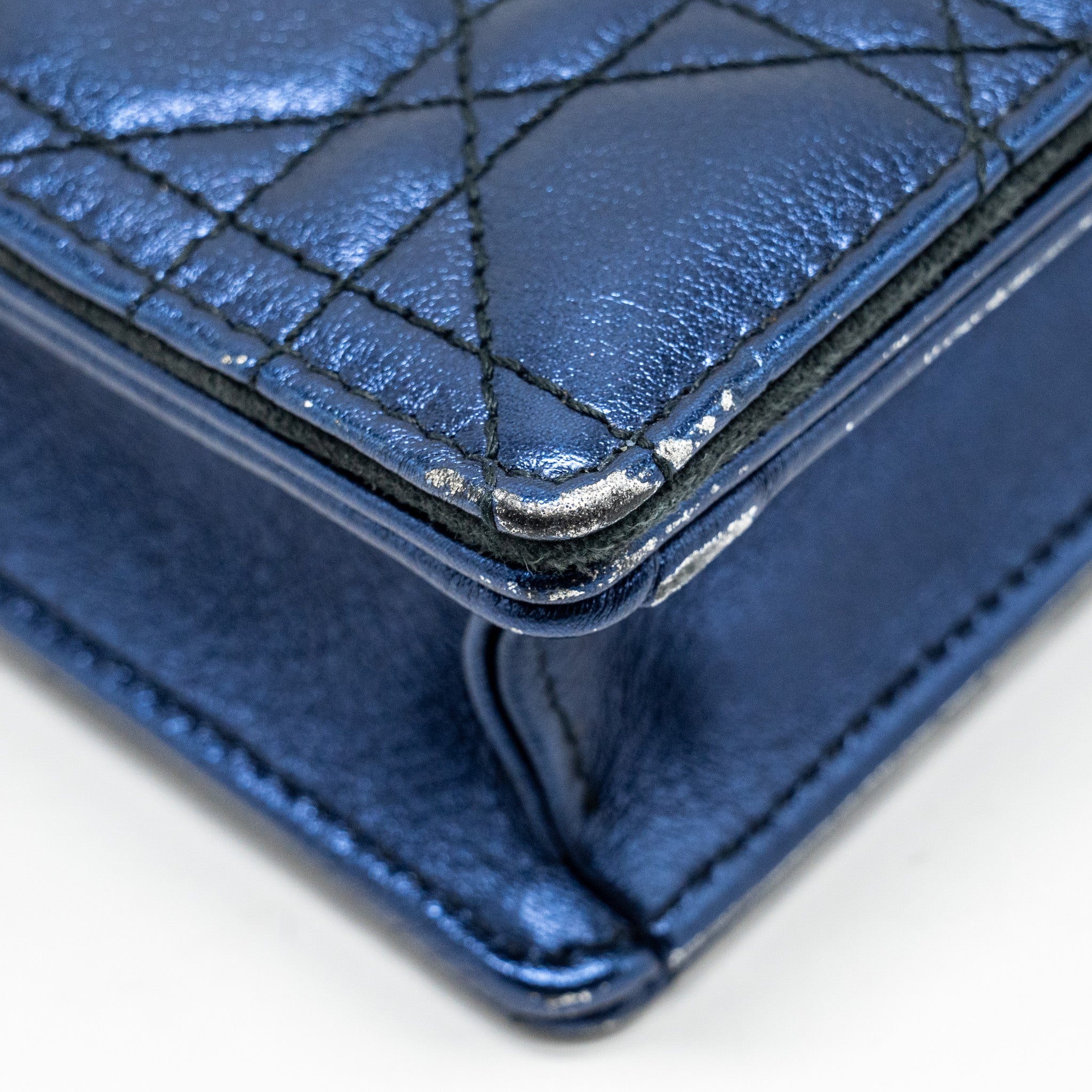 DIOR LADY DIOR POUCH CANNAGE WALLET ON CHAIN LAMBSKIN BLUE LGHW