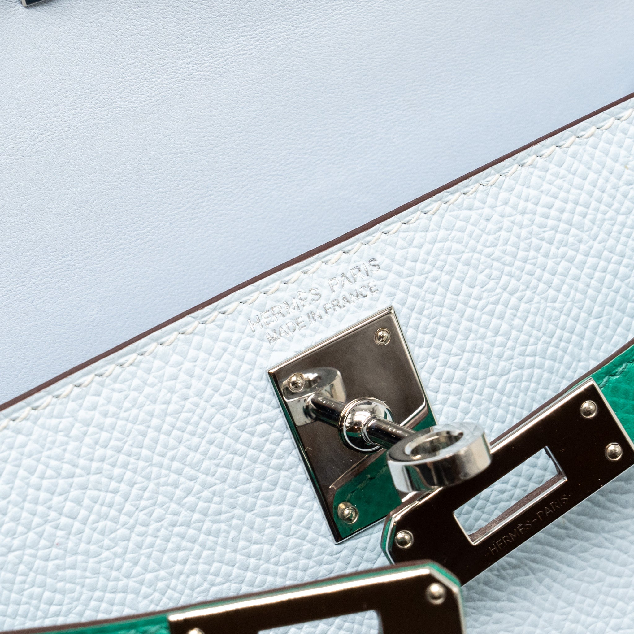 HERMES MINI KELLY EPSOM BLEU BRUME/VERT JADE/GOLD SHW