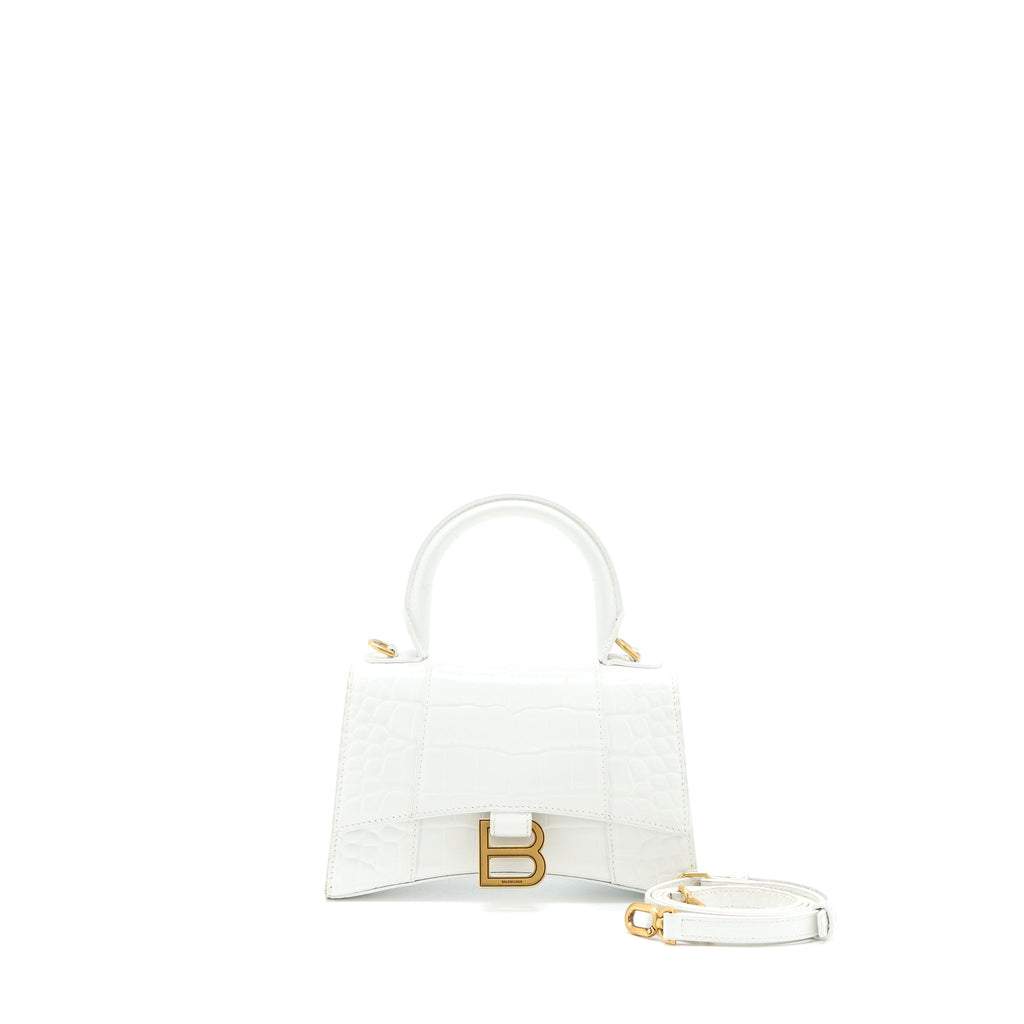 BALENCIAGA HOURGLASS XS CROC EMBOSSED CALFSKIN WHITE GHW