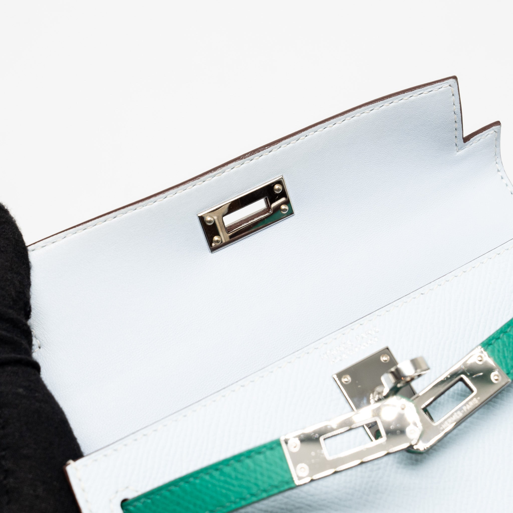 HERMES MINI KELLY EPSOM BLEU BRUME/VERT JADE/GOLD SHW