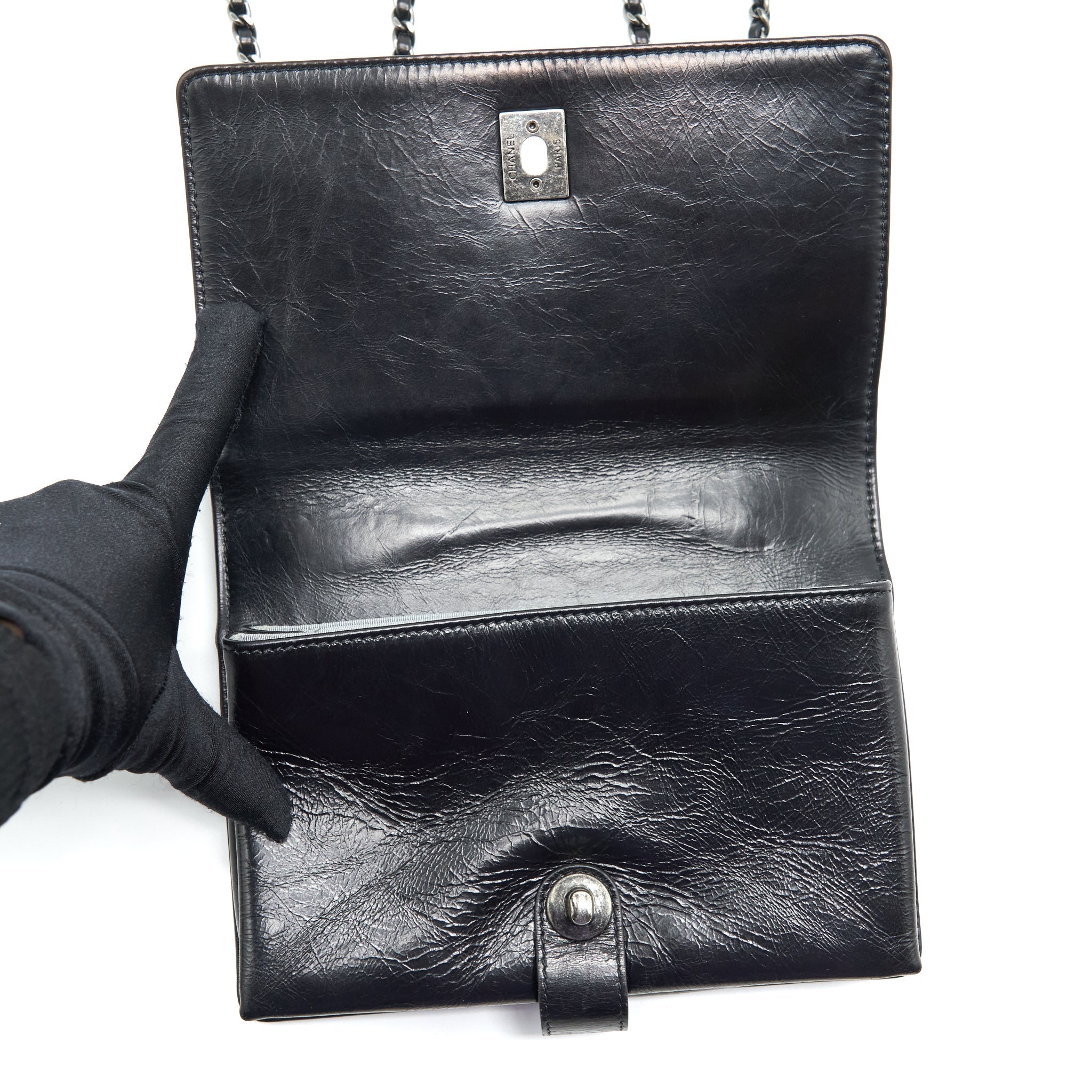 CHANEL SMALL CROSSBODY BAG AGED CALFSKIN RUTHENIUM HARDWARE