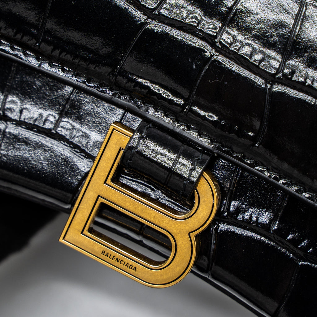 BALENCIAGA HOURGLASS SMALL HANDBAG CROC EMBOSSED CALFSKIN BLACK GHW
