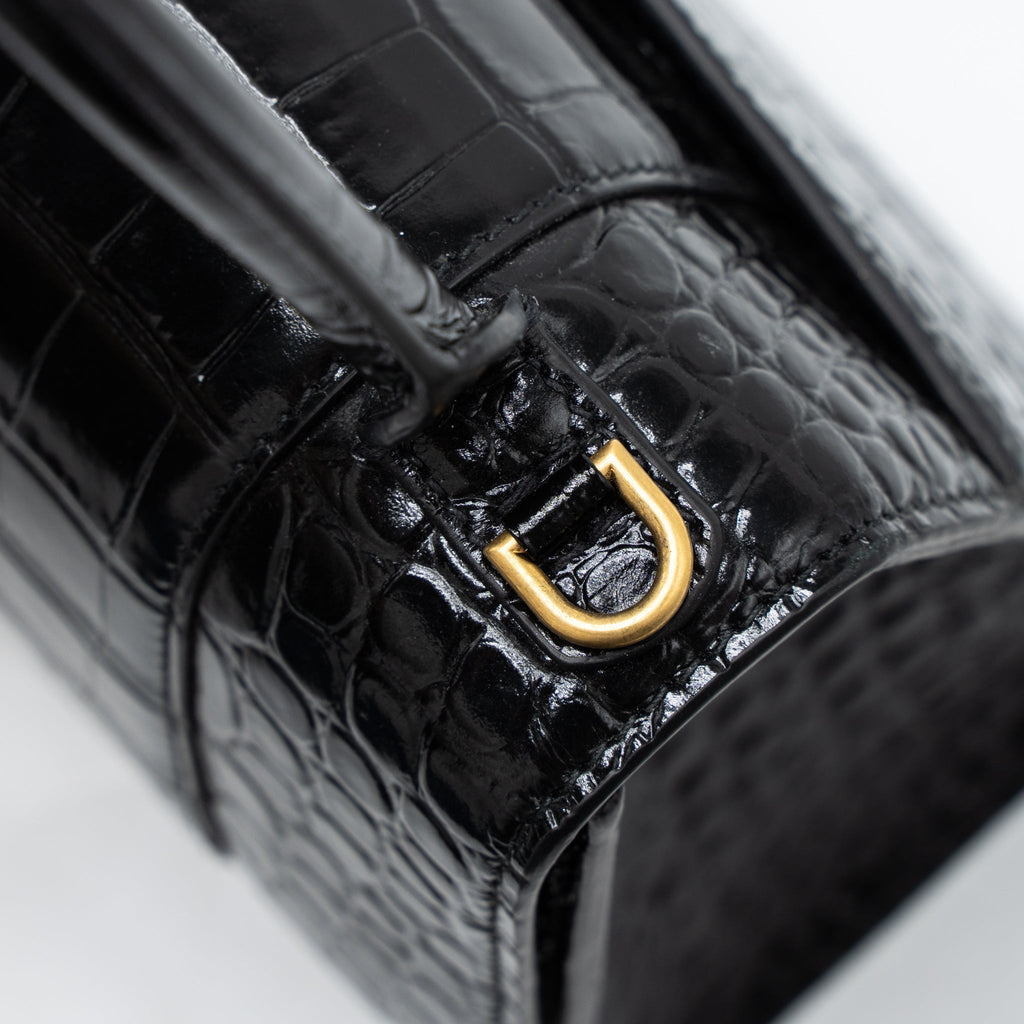 BALENCIAGA HOURGLASS SMALL HANDBAG CROC EMBOSSED CALFSKIN BLACK GHW