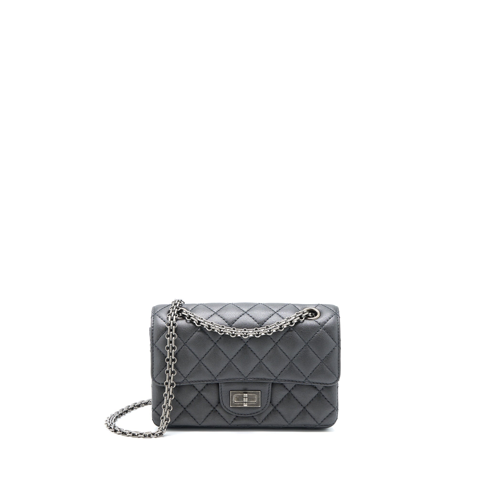 CHANEL MINI 2.55 REISSUE FLAP BAG GOATSKIN DARK GREY RUTHENIUM HARDWARE
