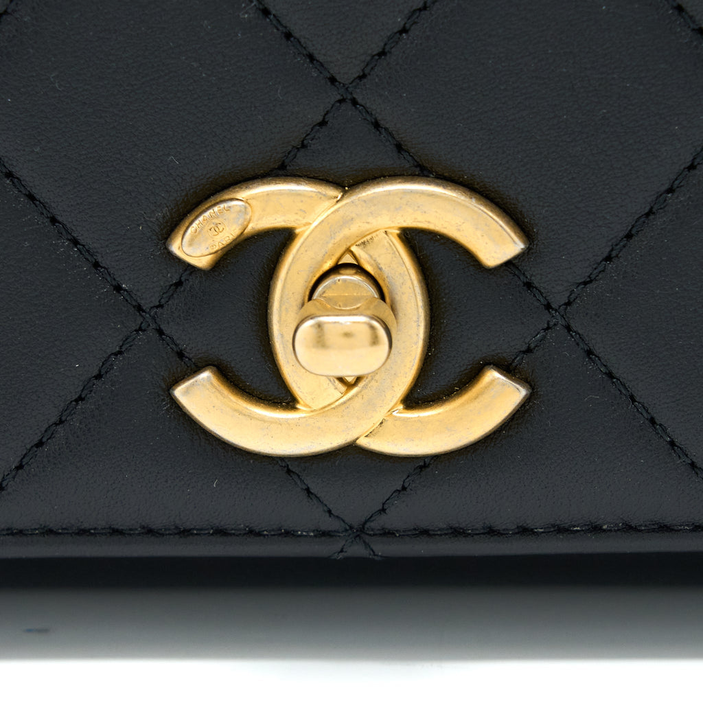 CHANEL SEASONAL FLAP BAG GIANT CHAIN HANDLE WITH PEARL CALFSKIN BLACK BRUSH GHW (MICROCHIP)