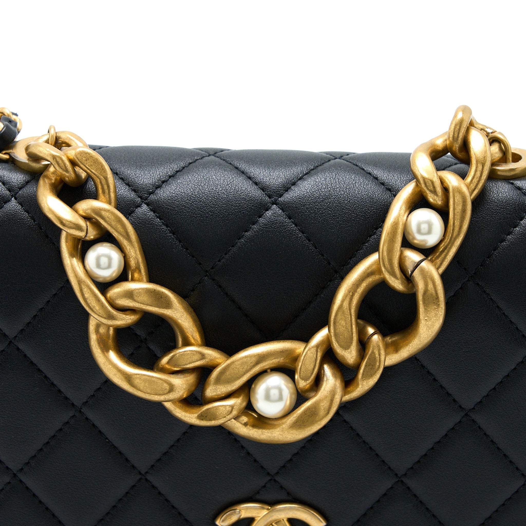 CHANEL SEASONAL FLAP BAG GIANT CHAIN HANDLE WITH PEARL CALFSKIN BLACK BRUSH GHW (MICROCHIP)