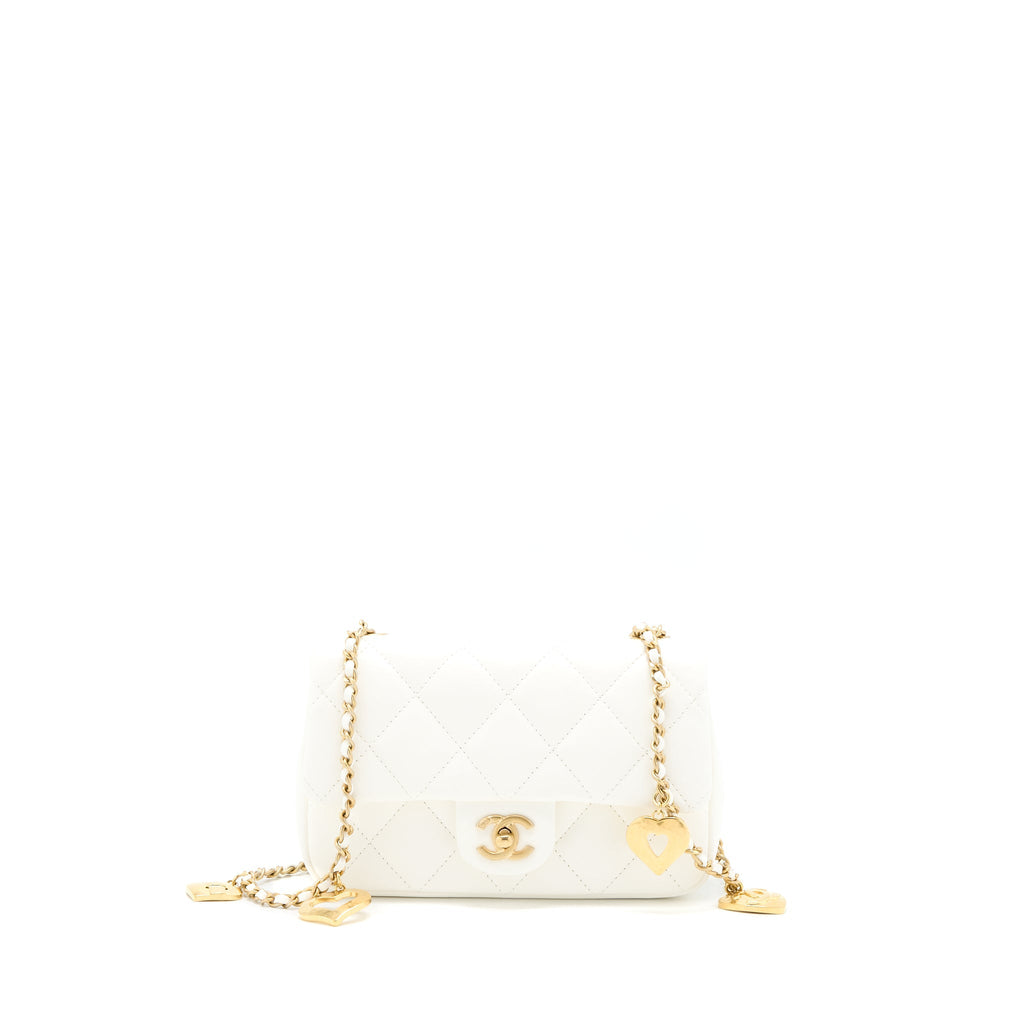 CHANEL QUILTED FLAP BAG WITH HEART CHARM CHAIN LAMBSKIN WHITE GHW(MICROCHIP)