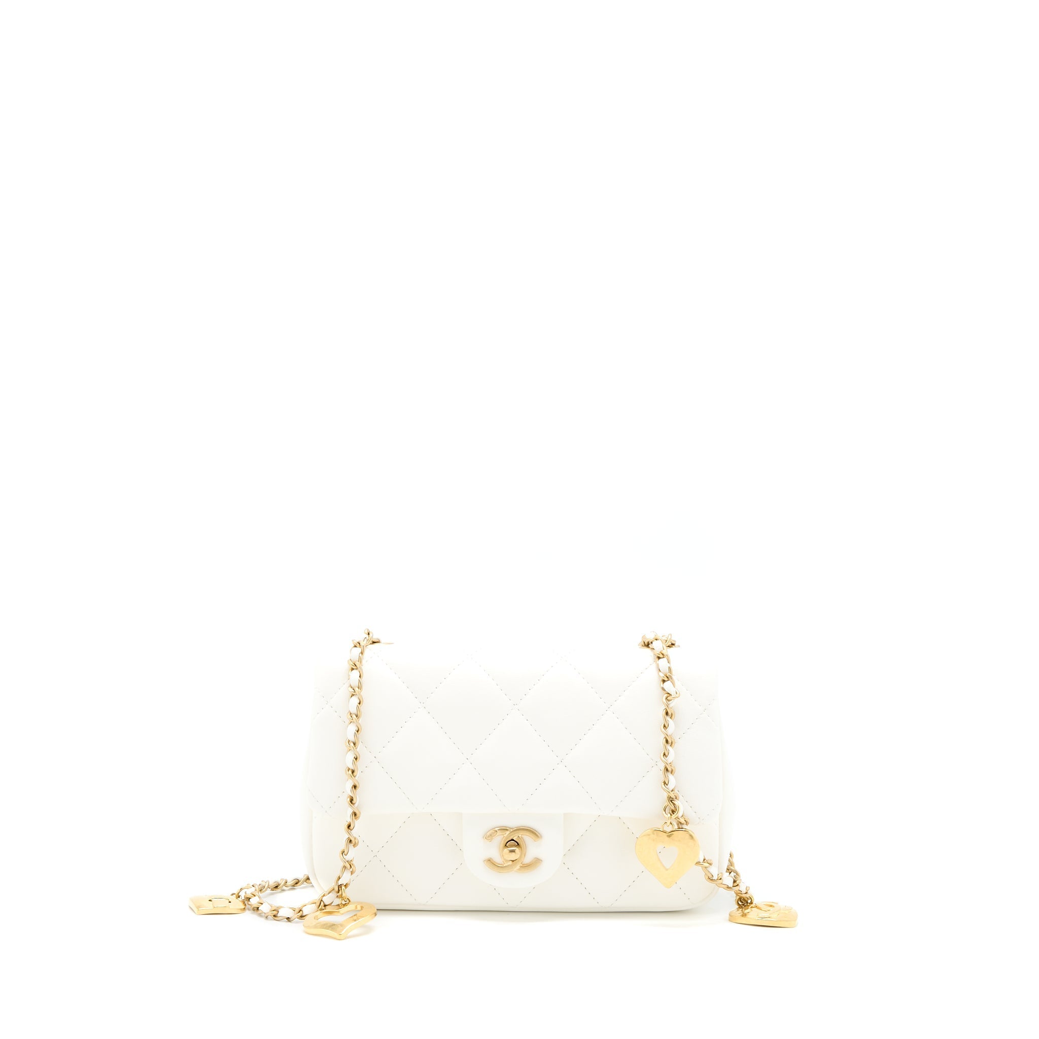 CHANEL QUILTED FLAP BAG WITH HEART CHARM CHAIN LAMBSKIN WHITE GHW(MICROCHIP)