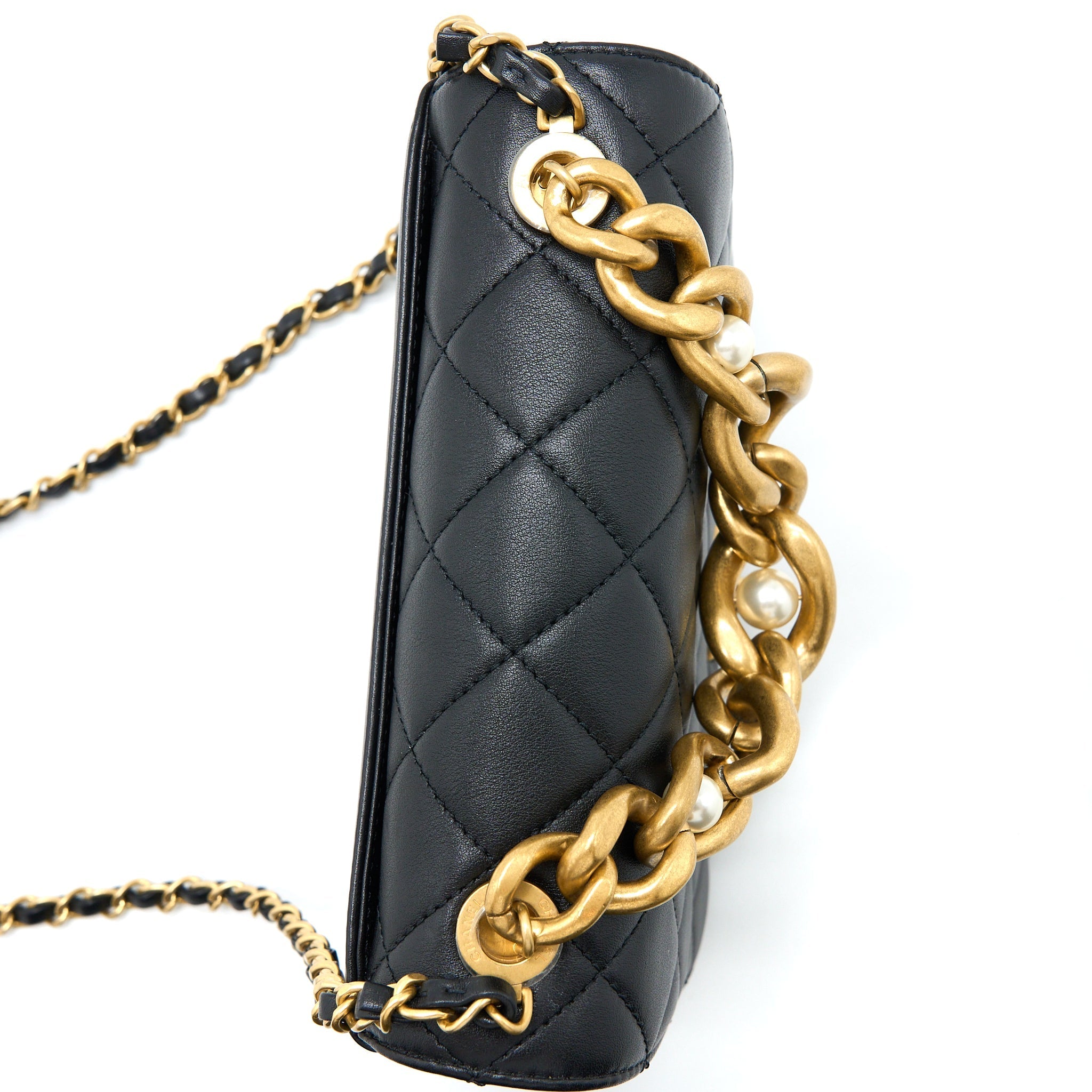 CHANEL SEASONAL FLAP BAG GIANT CHAIN HANDLE WITH PEARL CALFSKIN BLACK BRUSH GHW (MICROCHIP)