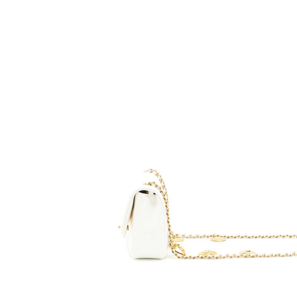 CHANEL QUILTED FLAP BAG WITH HEART CHARM CHAIN LAMBSKIN WHITE GHW(MICROCHIP)