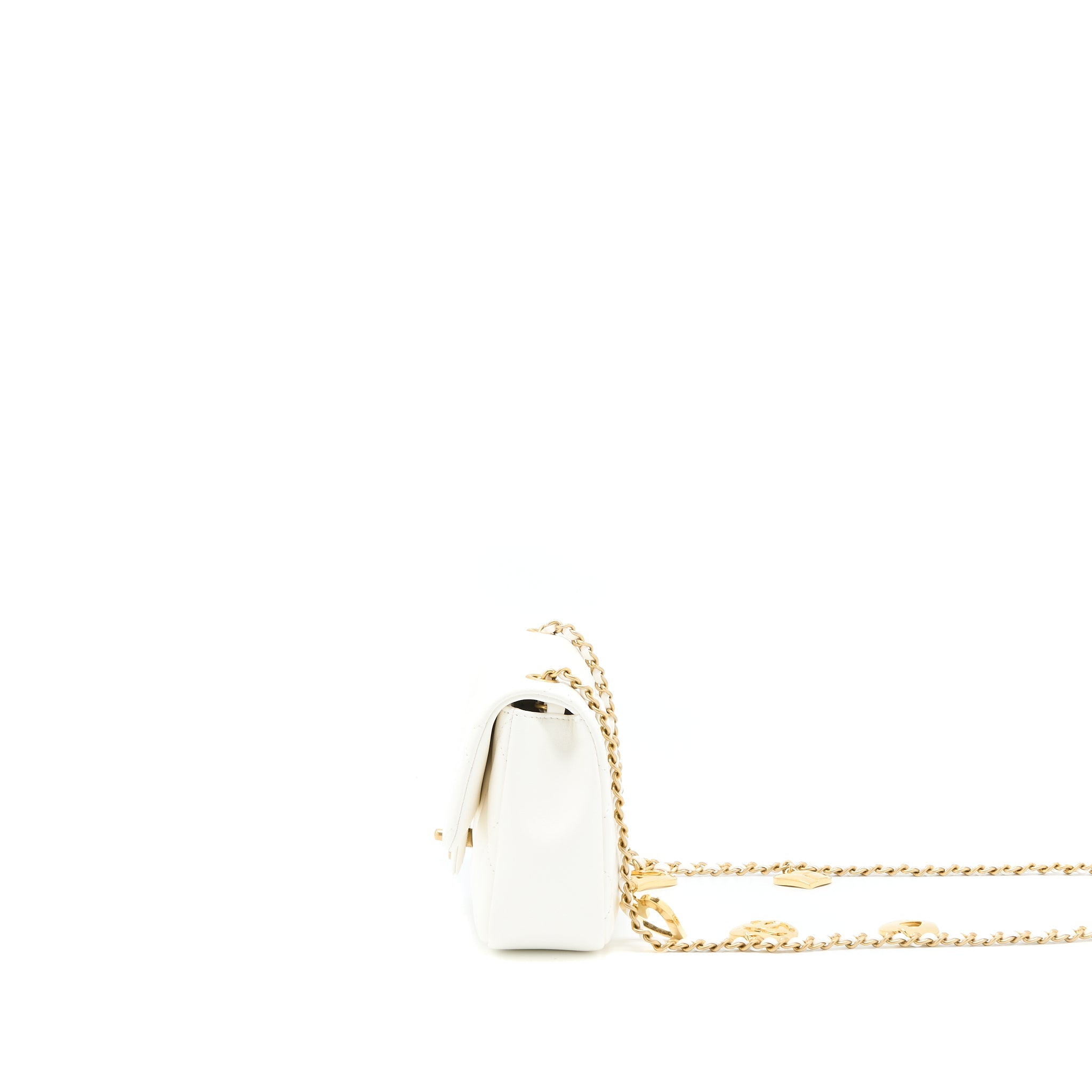 CHANEL QUILTED FLAP BAG WITH HEART CHARM CHAIN LAMBSKIN WHITE GHW(MICROCHIP)