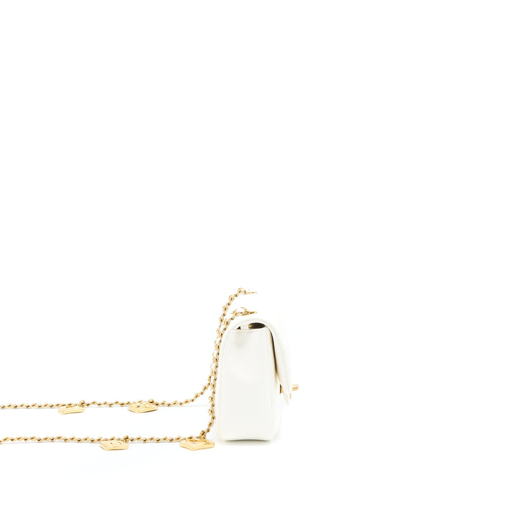 CHANEL QUILTED FLAP BAG WITH HEART CHARM CHAIN LAMBSKIN WHITE GHW(MICROCHIP)