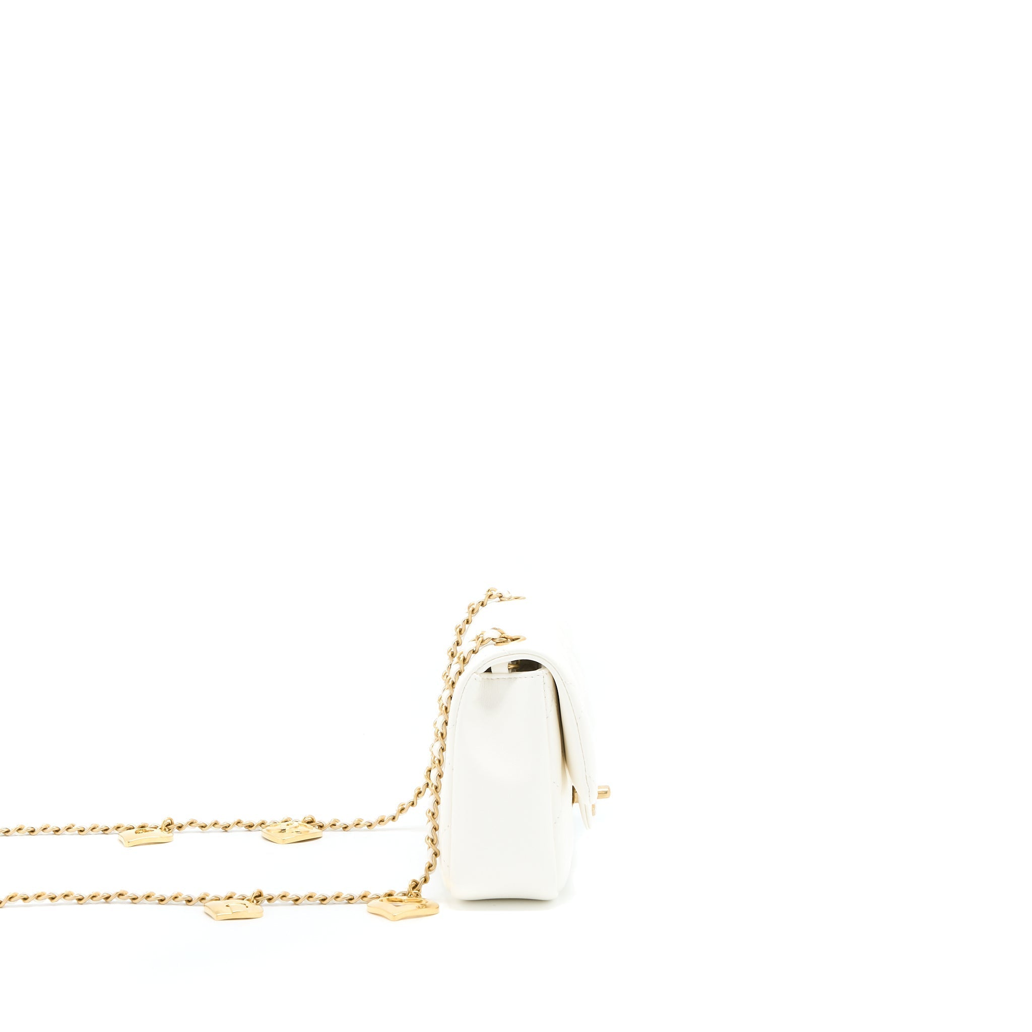 CHANEL QUILTED FLAP BAG WITH HEART CHARM CHAIN LAMBSKIN WHITE GHW(MICROCHIP)