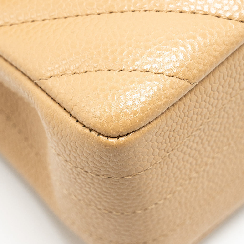 CHANEL SMALL CLASSIC DOUBLE FLAP BAG CHEVRON CAVIAR BEIGE SHW