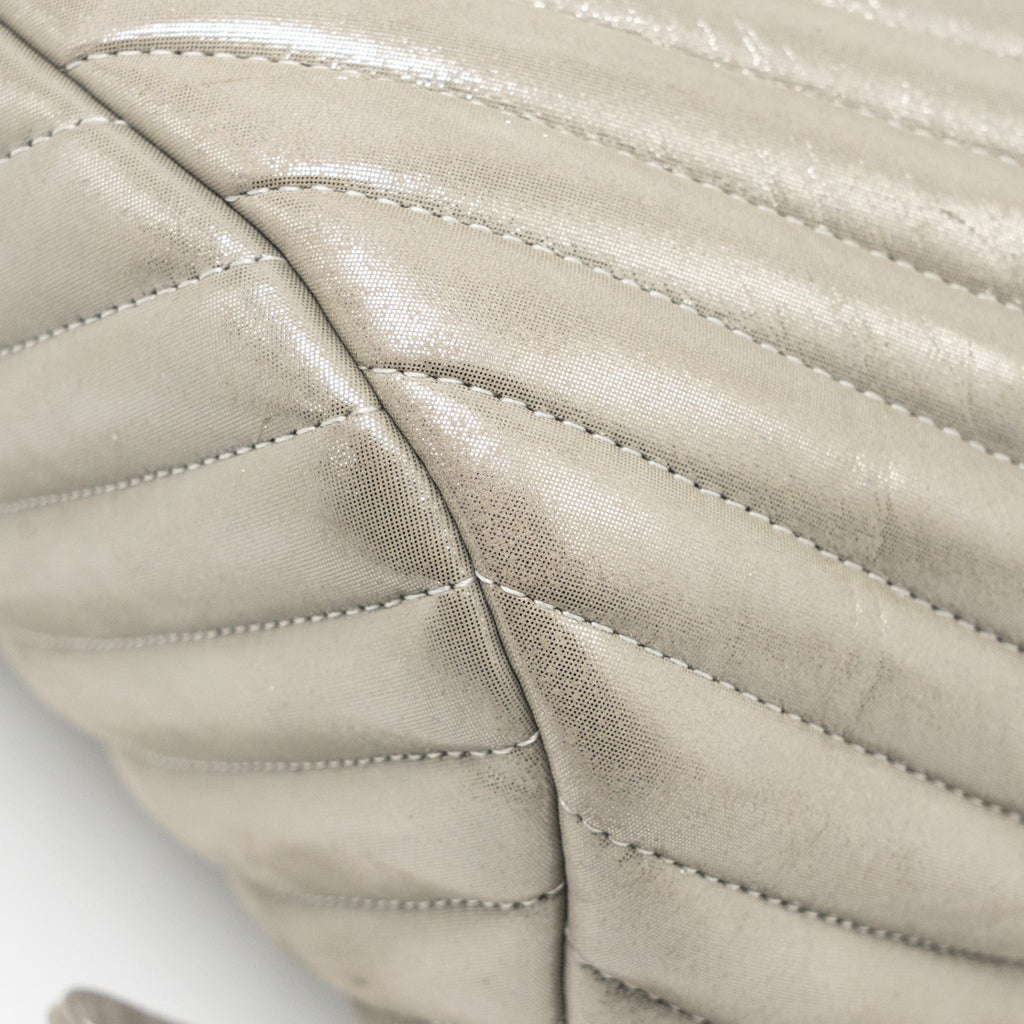CHANEL SMALL URBAN SPIRIT BACKPACK CHEVRON CALFSKIN IRIDESCENT LIGHT GREY RUTHENIUM HARDWARE
