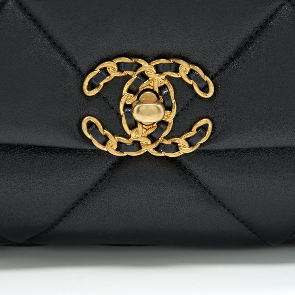 CHANEL SMALL 19 BAG LAMBSKIN BLACK WITH GOLD AND SILVER HARDWARE