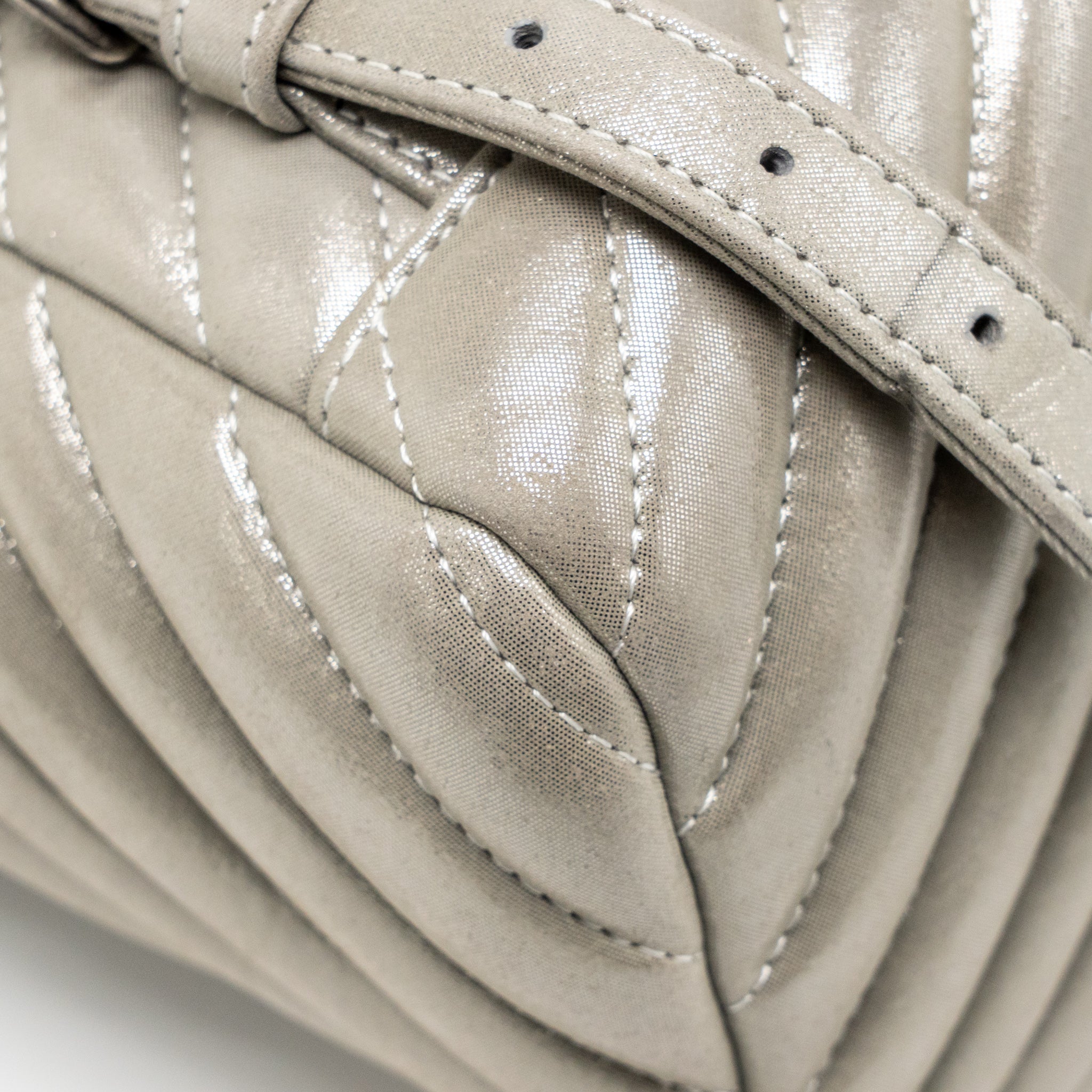 CHANEL SMALL URBAN SPIRIT BACKPACK CHEVRON CALFSKIN IRIDESCENT LIGHT GREY RUTHENIUM HARDWARE
