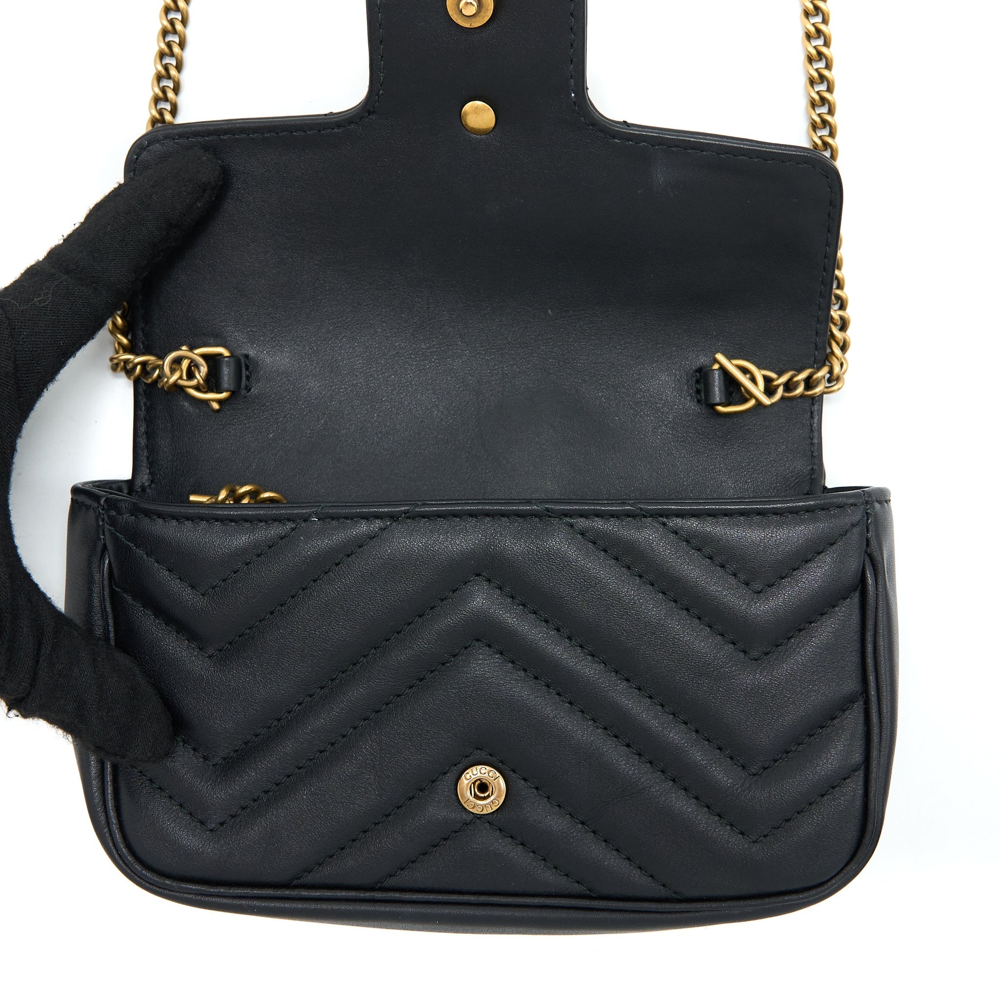 GUCCI GG MARMONT SUPER MINI CHAIN BAG CALFSKIN BLACK BRUSHED GHW