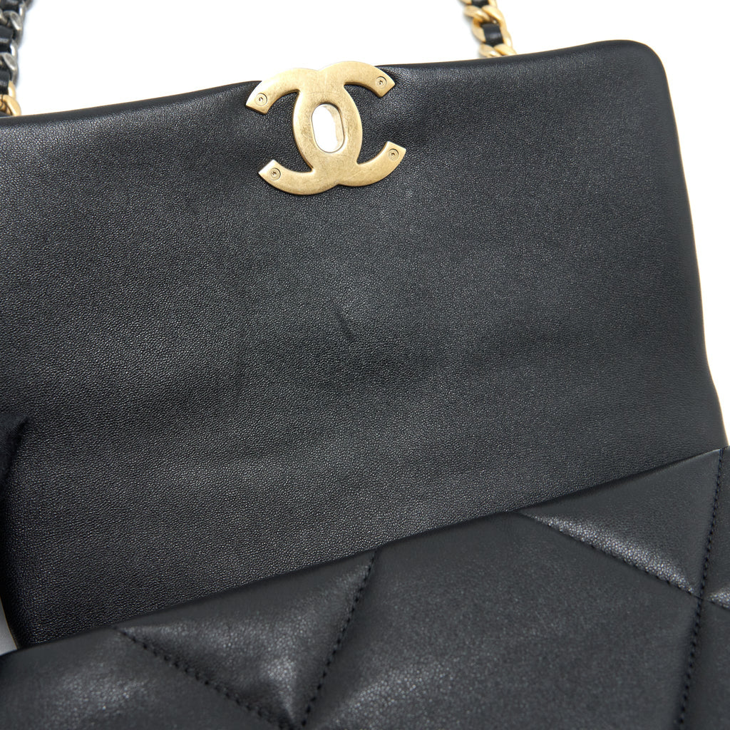 CHANEL SMALL 19 BAG LAMBSKIN BLACK WITH GOLD AND SILVER HARDWARE