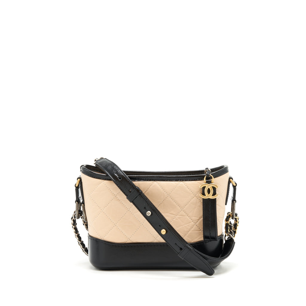 CHANEL SMALL GABRIELLE HOBO BAG CALFSKIN BEIGE/BLACK RUTHENIUM GOLD/SILVER HARDWARE