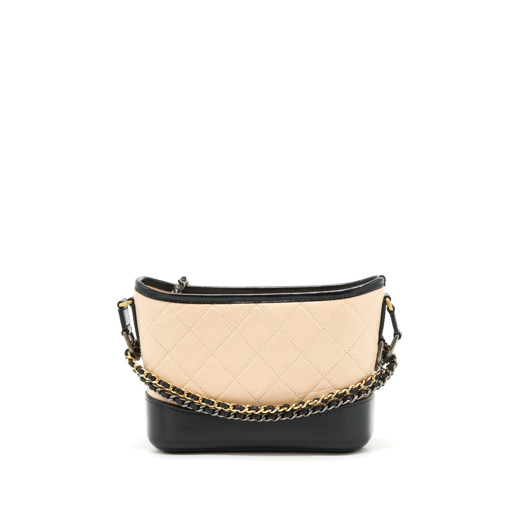 CHANEL SMALL GABRIELLE HOBO BAG CALFSKIN BEIGE/BLACK RUTHENIUM GOLD/SILVER HARDWARE