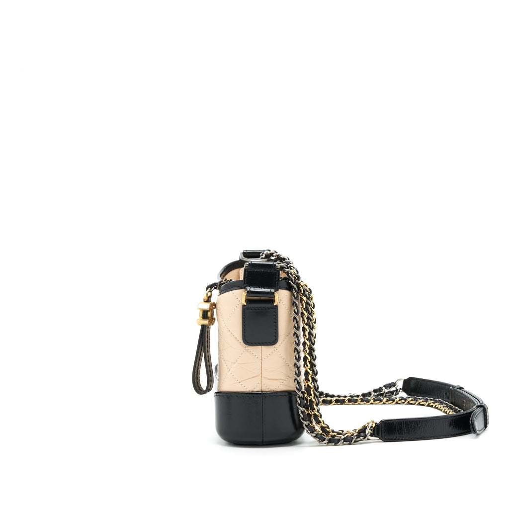 CHANEL SMALL GABRIELLE HOBO BAG CALFSKIN BEIGE/BLACK RUTHENIUM GOLD/SILVER HARDWARE