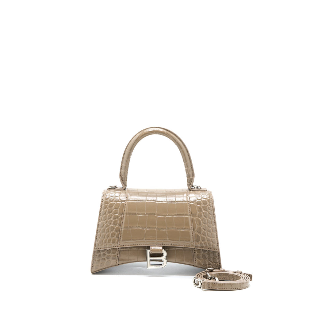 BALENCIAGA SMALL HOURGLASS BAG CRO EMBOSSED CALFSKIN DARK BEIGE SHW