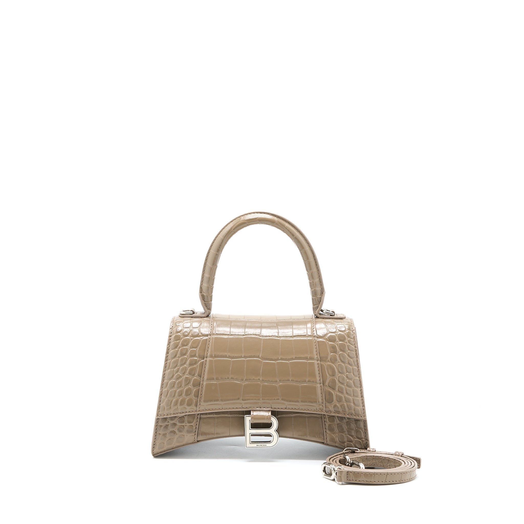 BALENCIAGA SMALL HOURGLASS BAG CRO EMBOSSED CALFSKIN DARK BEIGE SHW