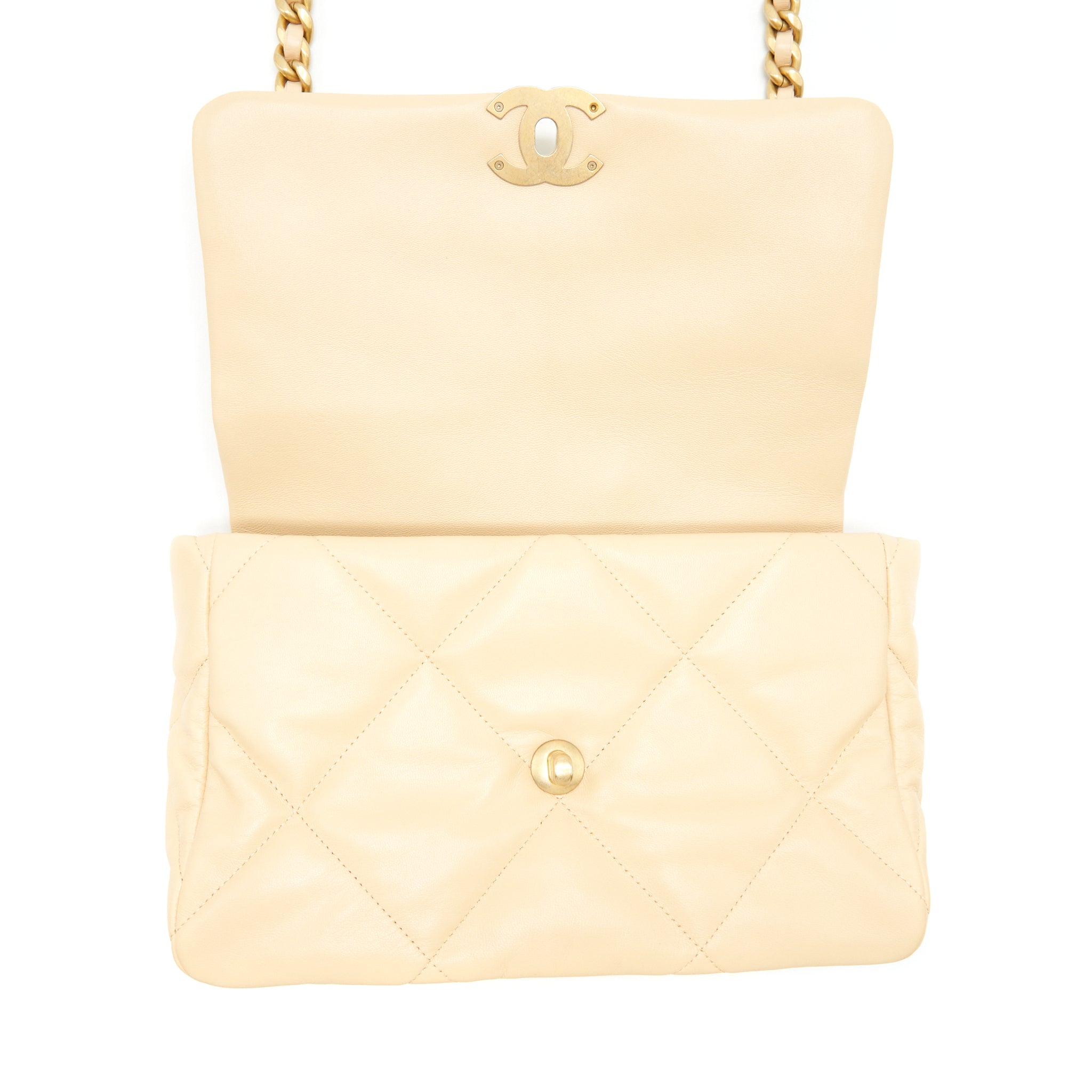 CHANEL MEDIUM 19 BAG GOATSKIN BEIGE WITH GOLD/SILVER HARDWARE