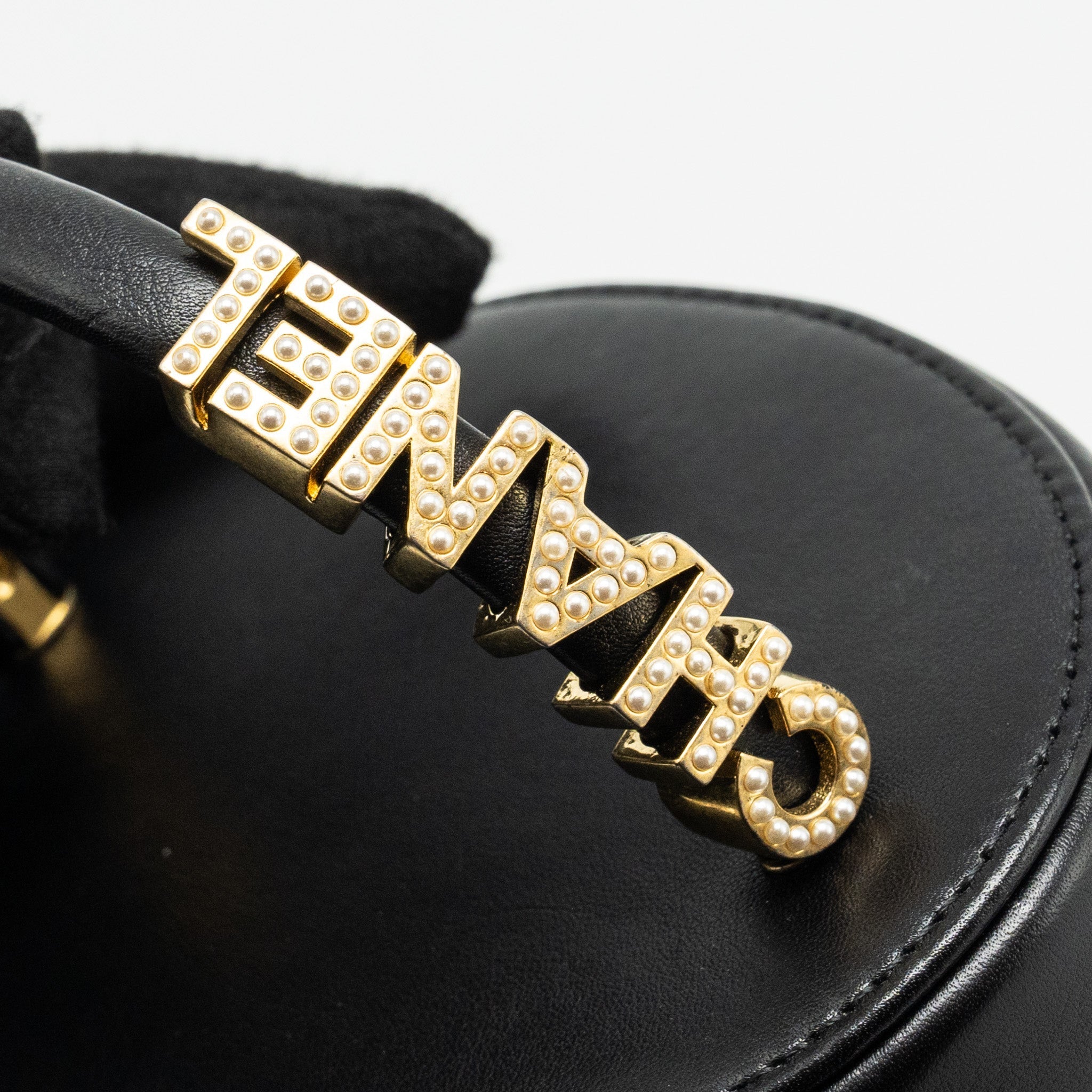 CHANEL PEARL LETTER LOGO DETAILED VANITY CASE CALFSKIN BLACK GHW