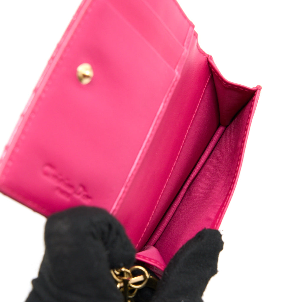 DIOR FLAP CARD HOLDER PATENT CALFSKIN PINK GHW