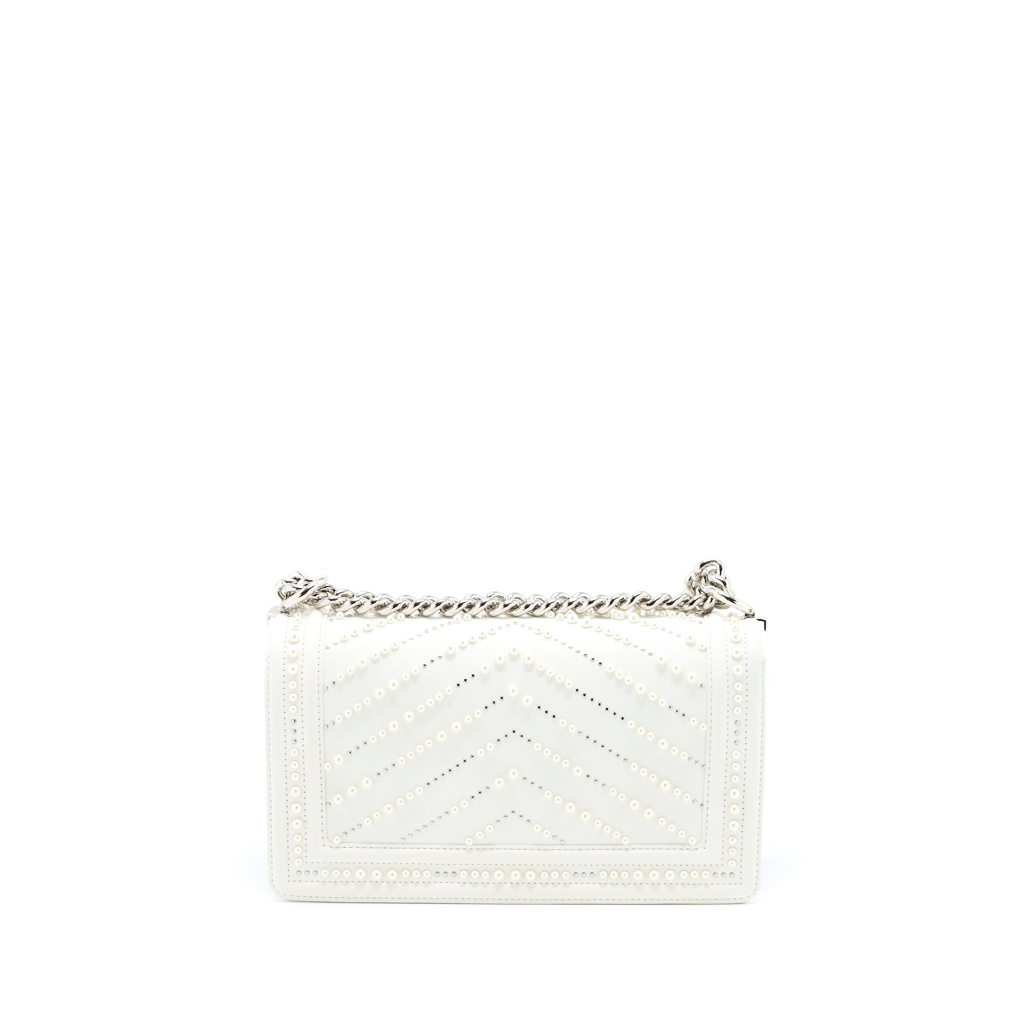 CHANEL MEDIUM BOY BAG CHEVRON LIMITED LAMBSKIN WITH PEARL WHITE SHW