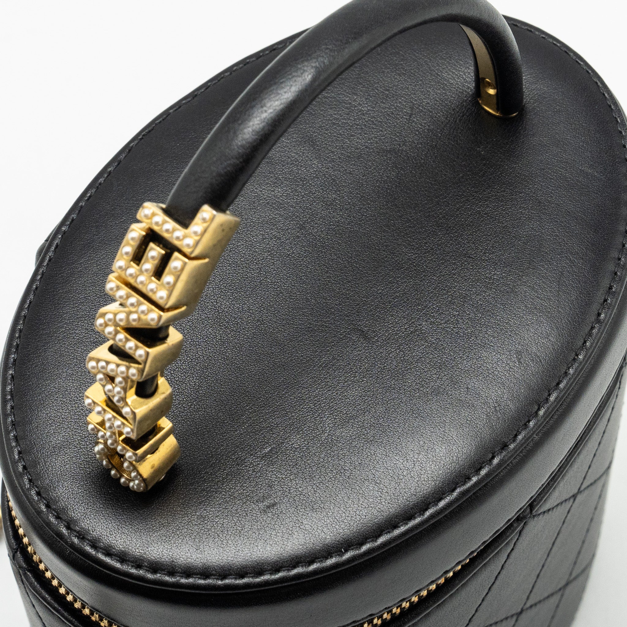 CHANEL PEARL LETTER LOGO DETAILED VANITY CASE CALFSKIN BLACK GHW