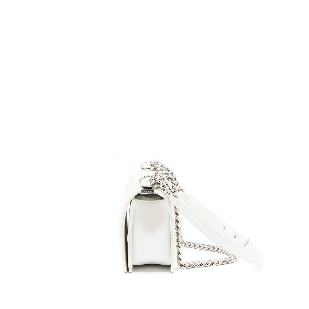 CHANEL MEDIUM BOY BAG CHEVRON LIMITED LAMBSKIN WITH PEARL WHITE SHW