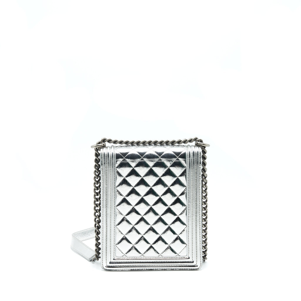 CHANEL VERTICAL METALLIC BOY BAG SILVER RUTHENIUM HARDWARE