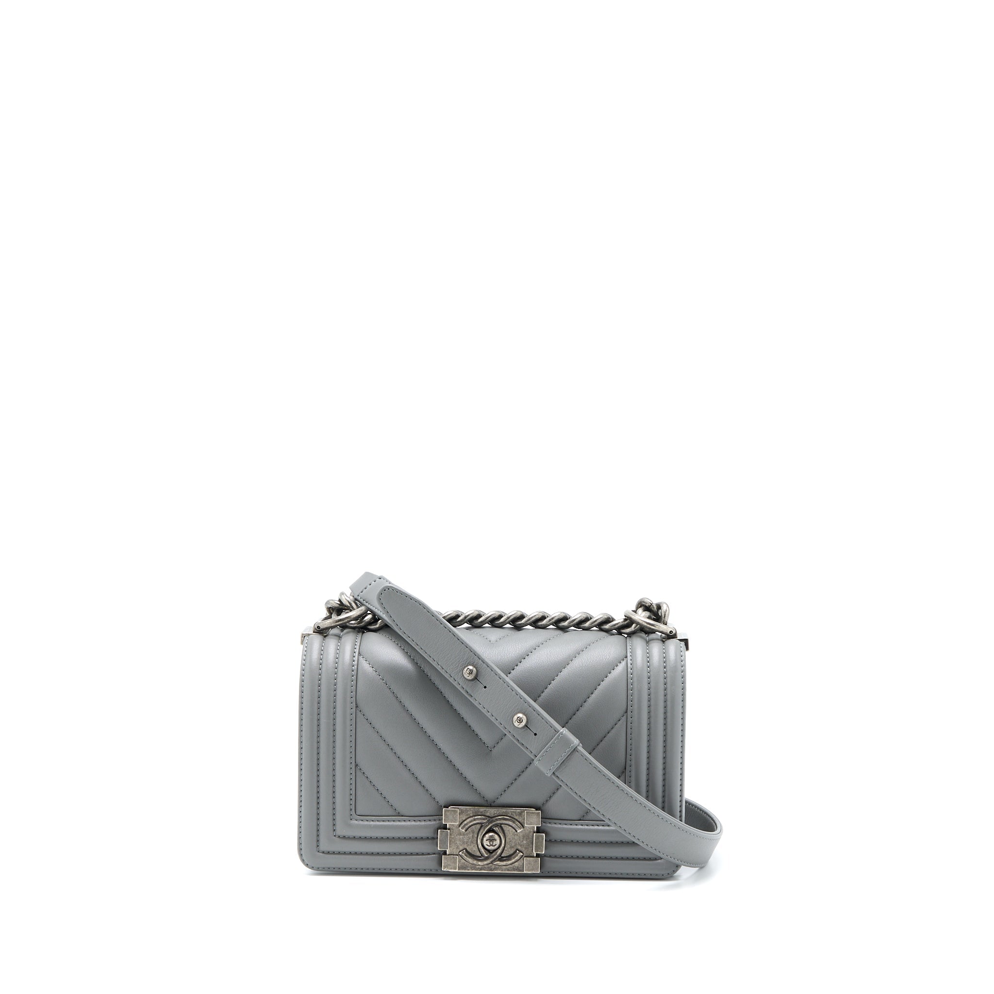 CHANEL SMALL BOY BAG CHEVRON LAMBSKIN GREY RUTHENIUM HARDWARE