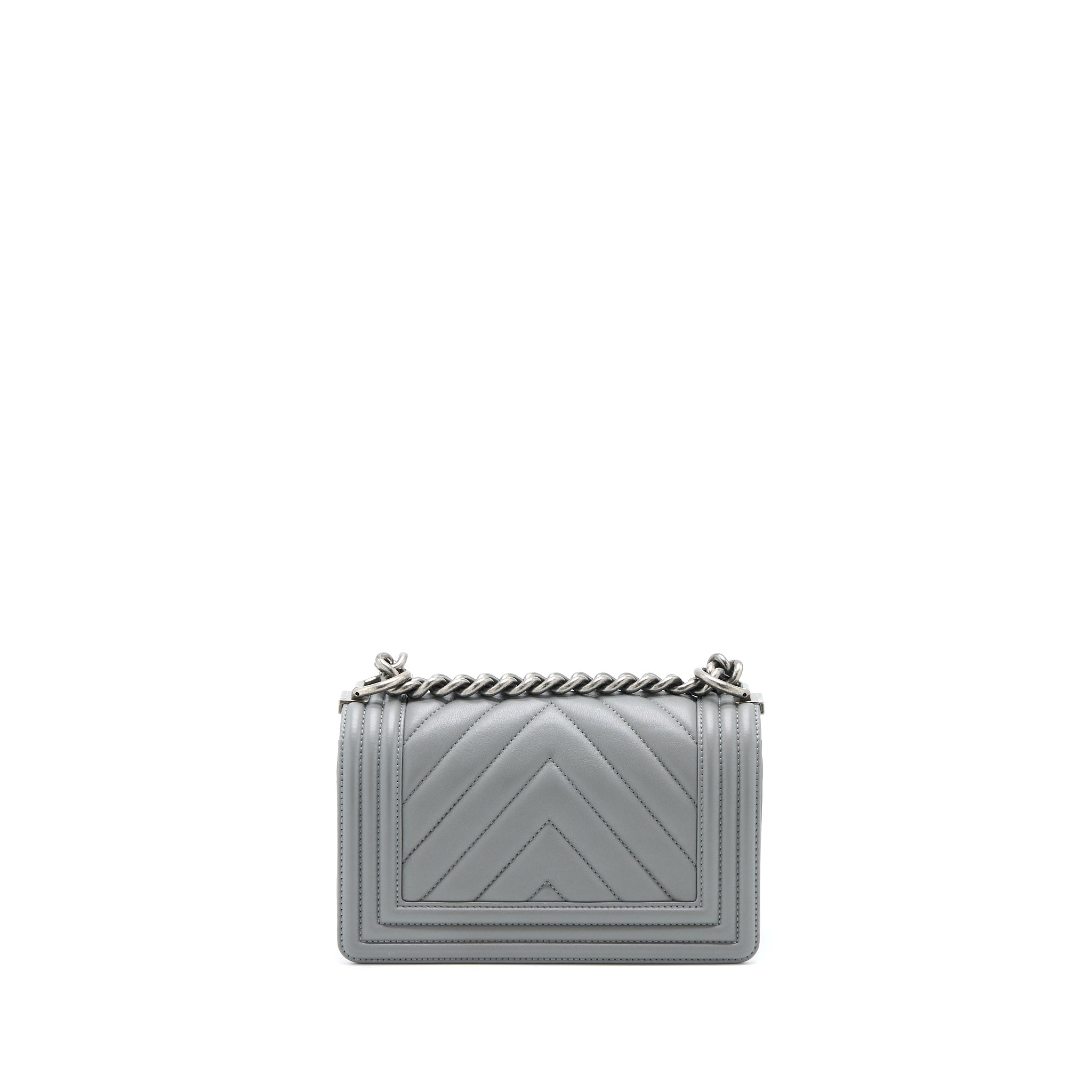 CHANEL SMALL BOY BAG CHEVRON LAMBSKIN GREY RUTHENIUM HARDWARE
