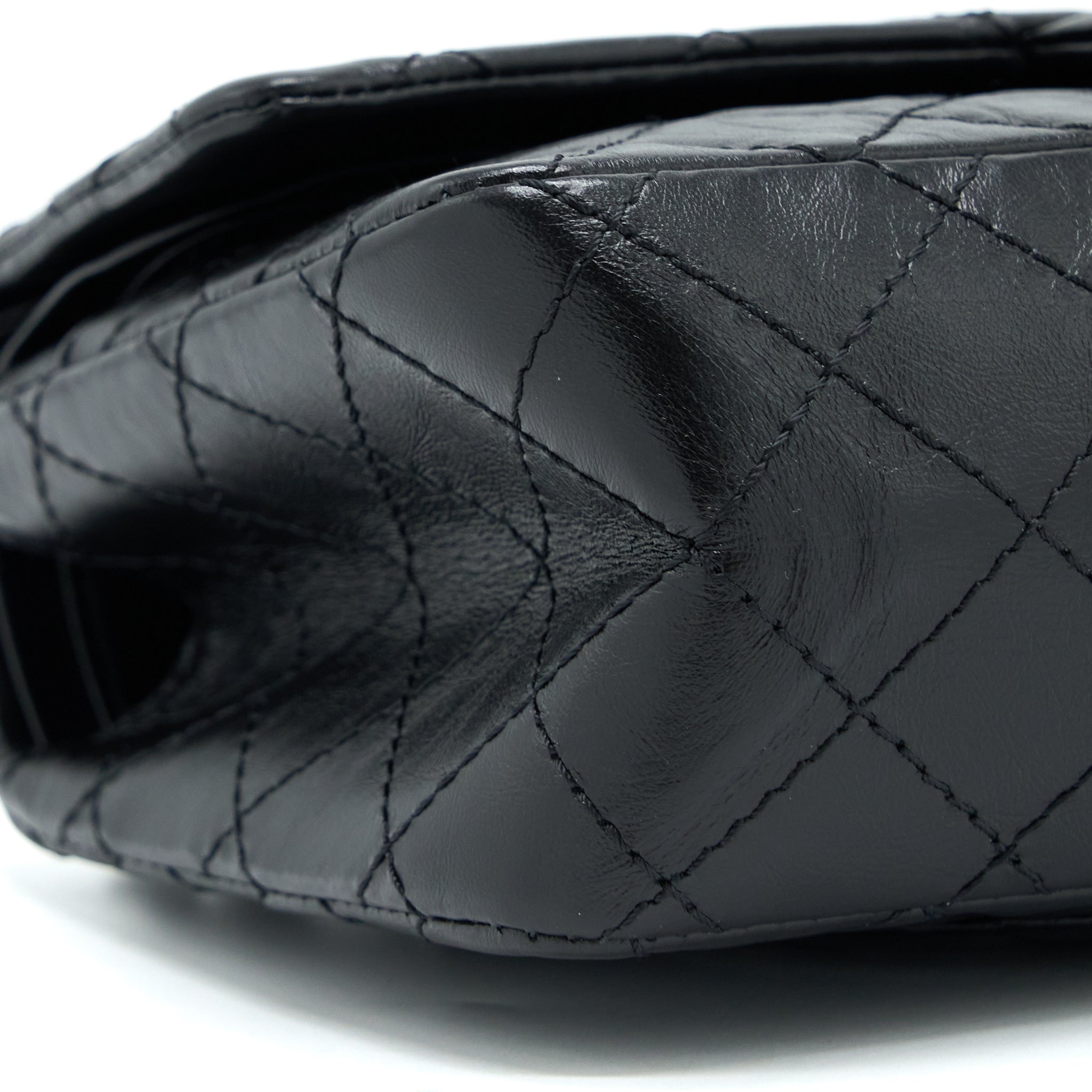 CHANEL SMALL 2.55 REISSUE FLAP BAG AGED CALFSKIN SO BLACK WITH BLACK HARDWARE (MICROCHIP)