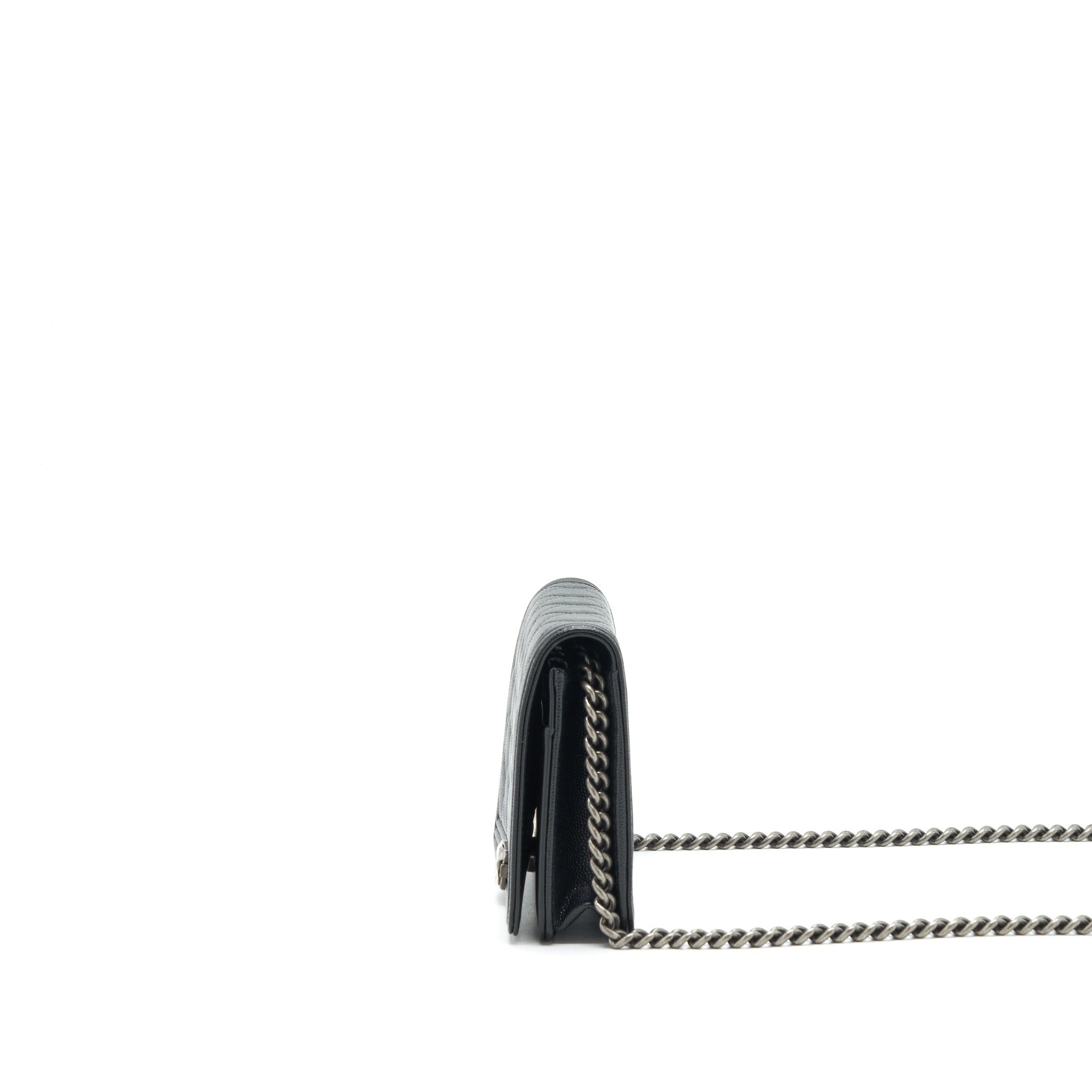 CHANEL BOY WALLET ON CHAIN CAVIAR BLACK RUTHENIUM SLIVER HARDWARE (MICROCHIP）