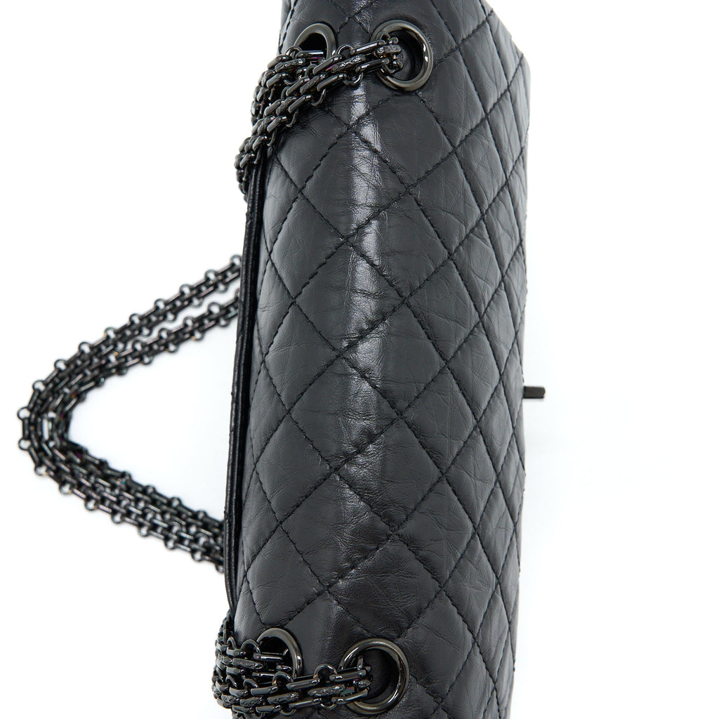 CHANEL SMALL 2.55 REISSUE FLAP BAG AGED CALFSKIN SO BLACK WITH BLACK HARDWARE (MICROCHIP)