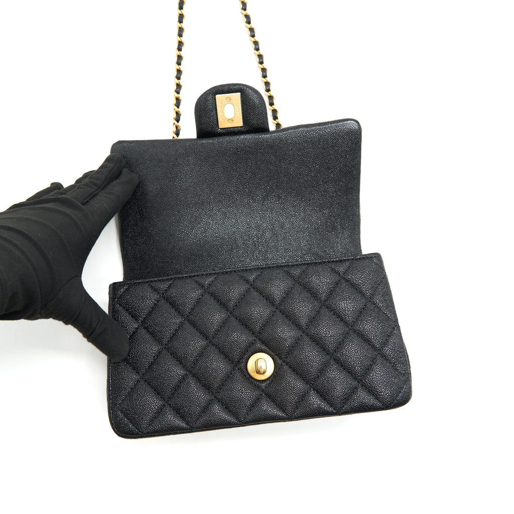 CHANEL RECTANGULAR MINI TOP HANDLE FLAP BAG GRANIED CALFSKIN BLACK GHW
