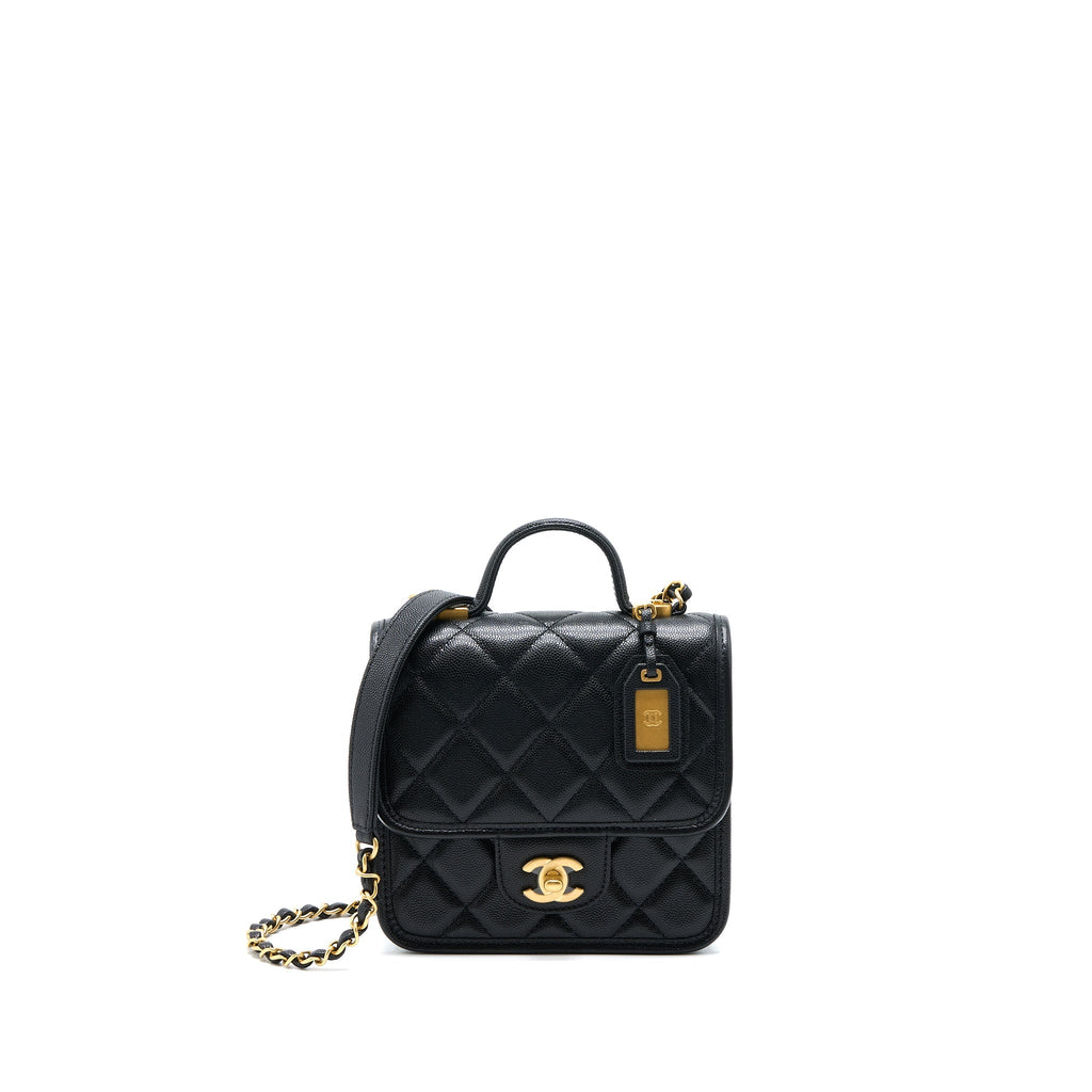 CHANEL 22K TOP HANDLE MESSENGER BAG CAVIAR BLACK BRUSHED GHW(MICROCHIP)