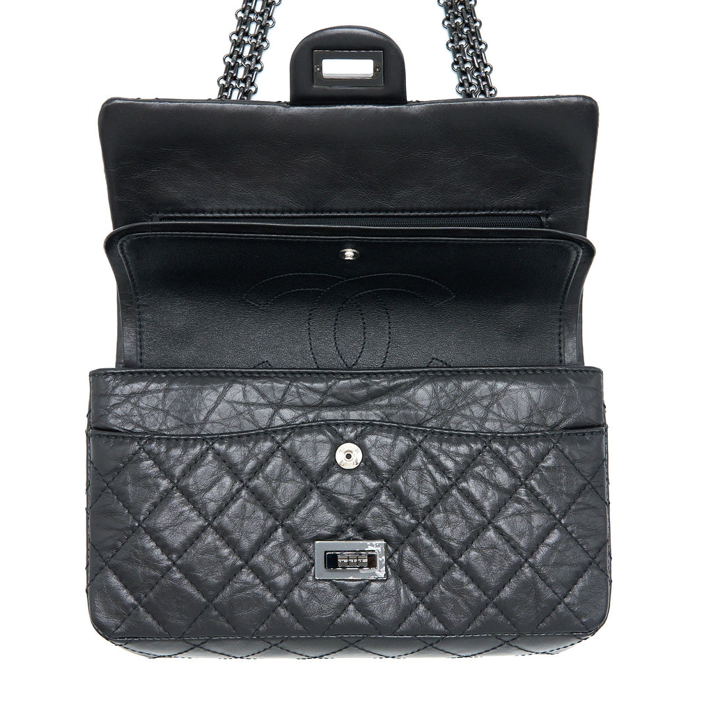 CHANEL SMALL 2.55 REISSUE FLAP BAG AGED CALFSKIN SO BLACK WITH BLACK HARDWARE (MICROCHIP)